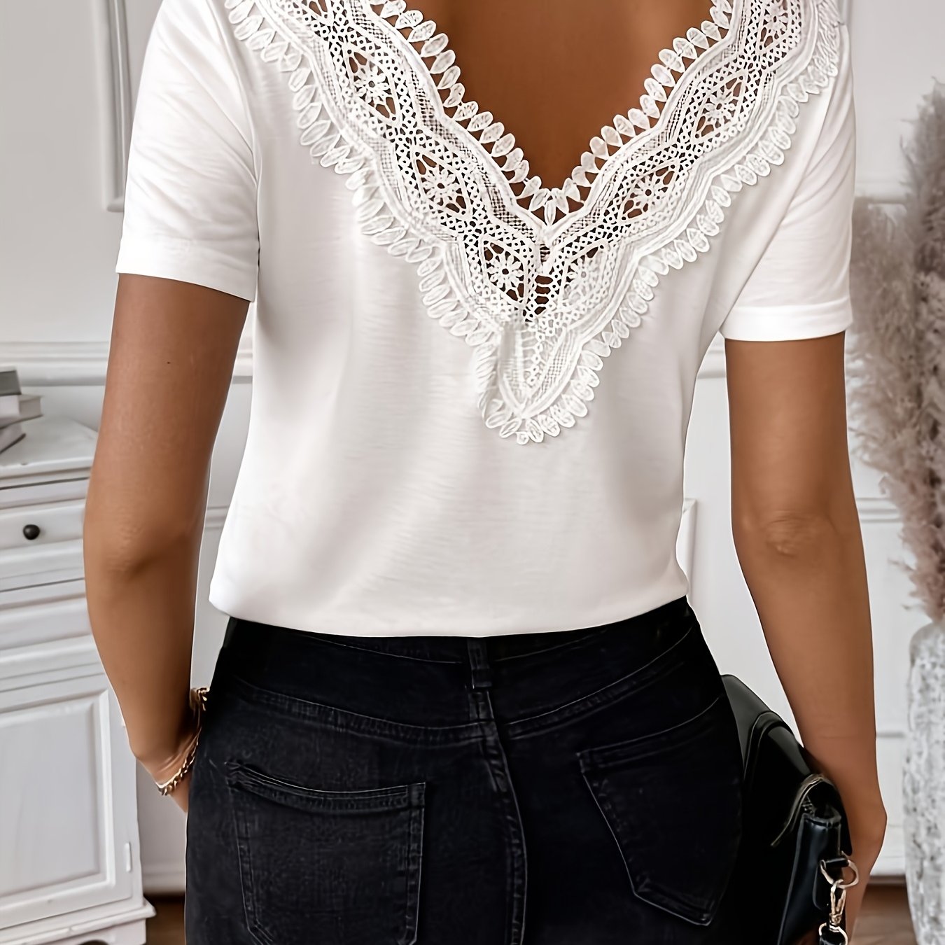 E-shop Damen Spitzen Patchwork V-Ausschnitt Kurzarm Elegantes T-Shirt