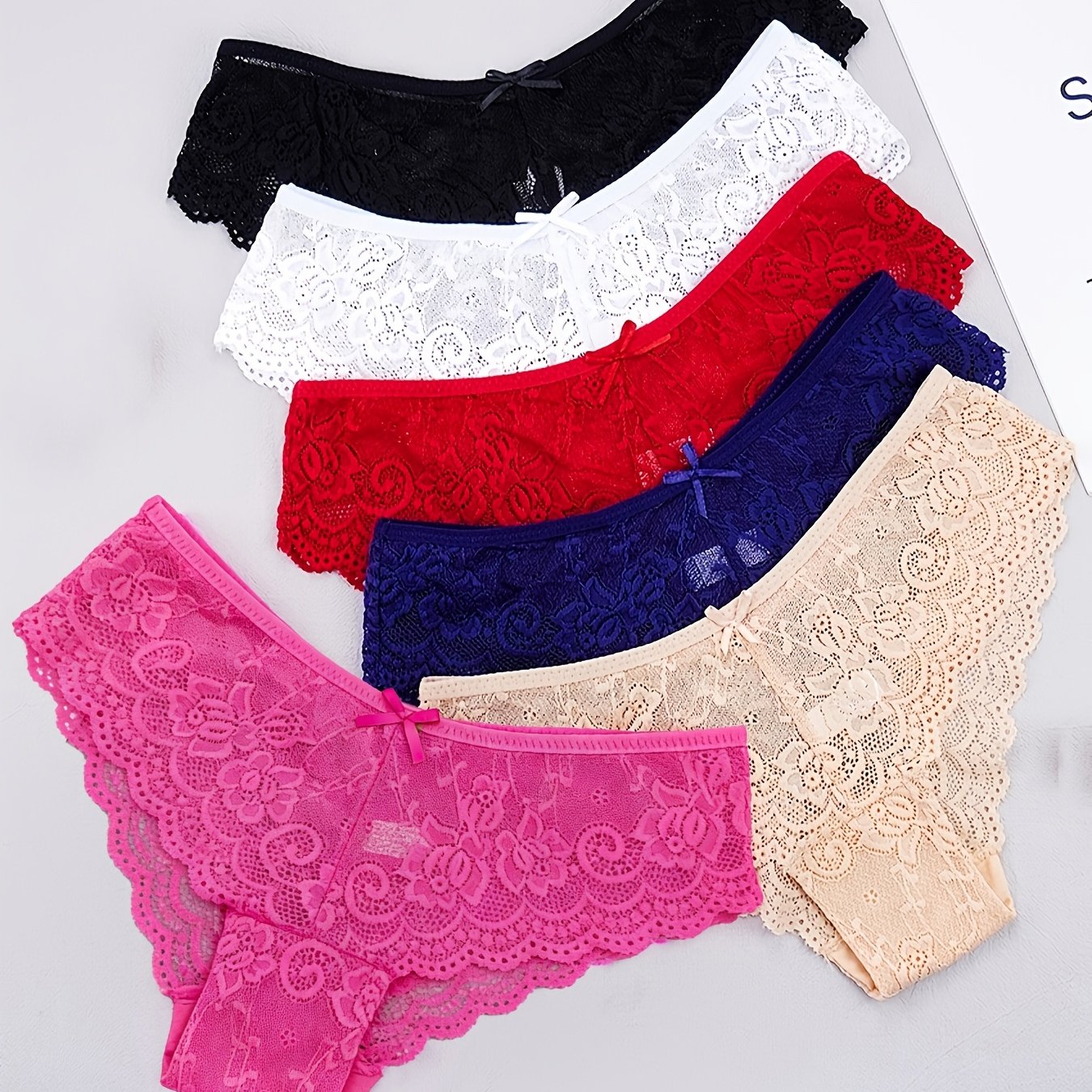 6pcs Sexy Lace Panties | Solid Color With Bow Details, Drop Waist, Medium Support