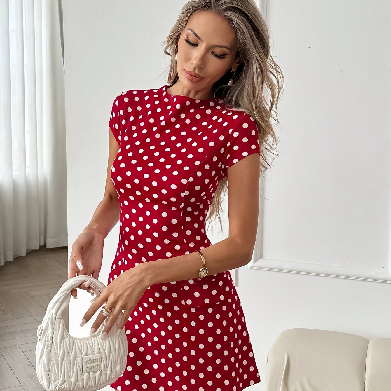 TEMU 2026 Spring/summer New Women's Red Polka Dot Dress Comfortable Commuting Waist Mini Dress Red Dress Polka Dot Dress Birthday Dress Vacation