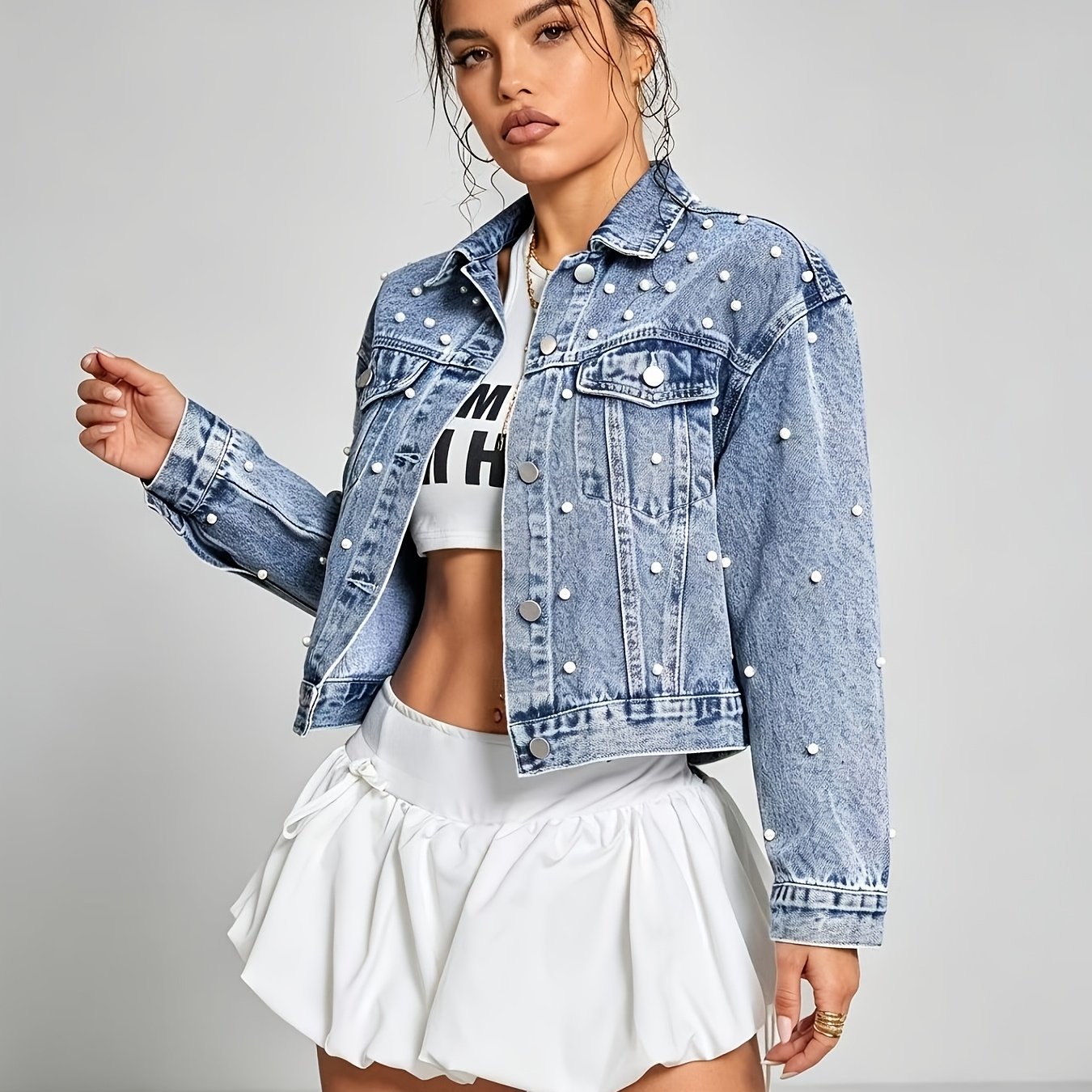 Image of 2026 New Arrival - Women's Short Heavy Beaded Denim Jacket With Pocket Buttons For Spring And Autumn, Cool Edgy Spice Style, Fashion Vintage Denim Fabric, Machine Washable, , Versatile Piece For