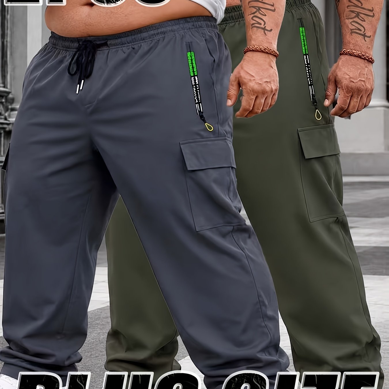TEMU 2pcs Set, Men's Large-sized Casual Sports Work Pants, With Elastic Drawstrings, Double Side Letter-printed Pockets, Multi-functional Pockets,