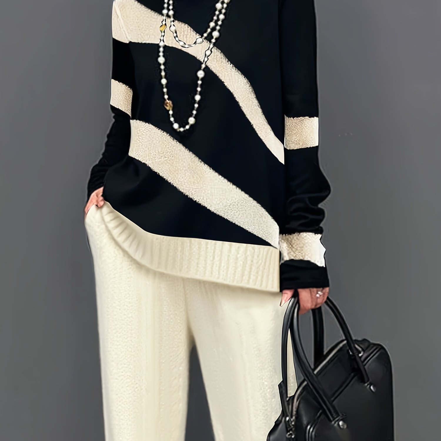 Casual Color-blocking Turtleneck Sweater Pullover, Casual Vacation Lapel Long-sleeve Top, Suitable For Autumn And Winter , Women's Clothing (top , Does Not Pants)