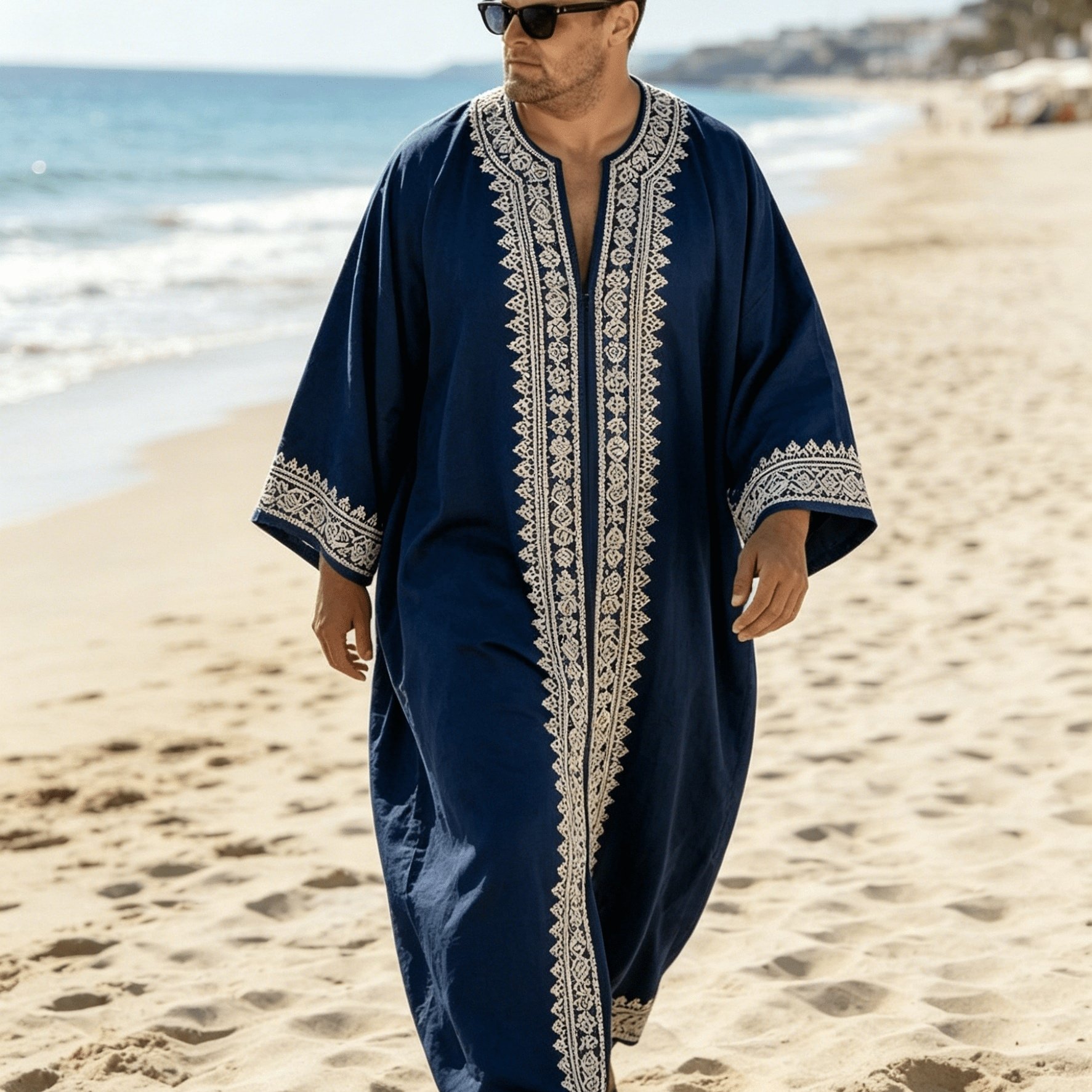 Image of Men Summer Loose Long Sleeve Cover Up, Vintage Ethnic Bohoshirt, Kaftan Kimono Cardigan Robe For Beach Vacation, Plus Size