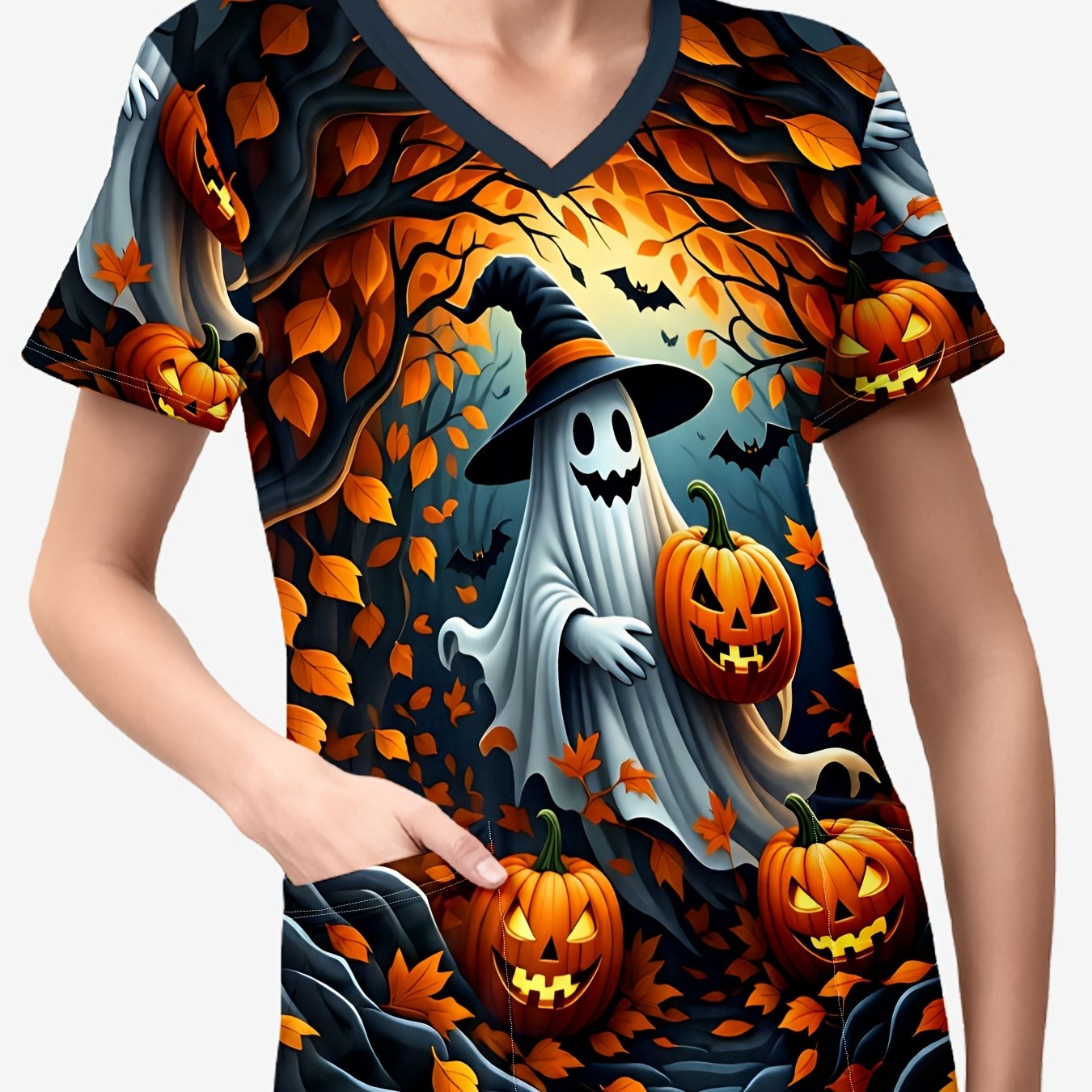 TEMU A Halloween-themed Fashionable V-neck Women's Printed Scrub Top Featuring A Vintage Dark Style With And Pumpkin Prints. This Autumn/winter