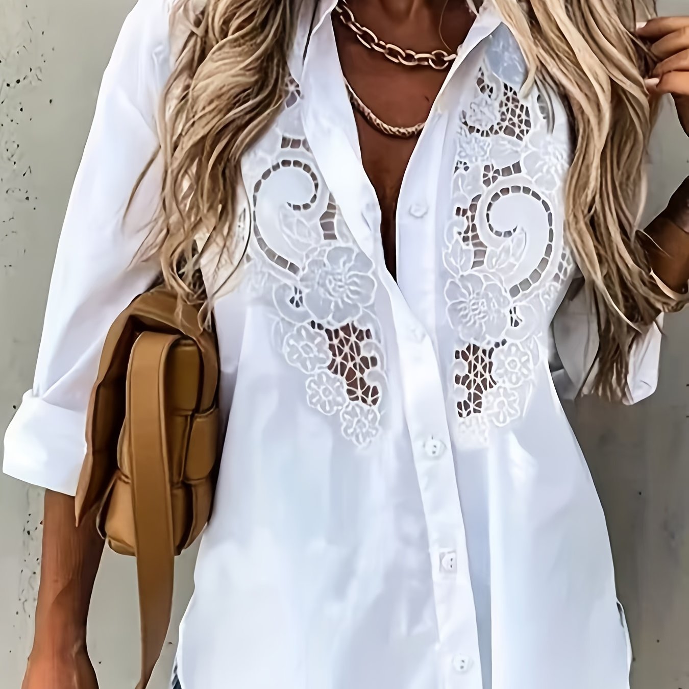 Image of Plus Size, Women's Plus Size Casual Fashionable Elegant And Comfortable Commuting And Vacation Versatile Embroidered Cut-out Craft Solid Color Long Sleeve Shirt, Extended Edition, Elegant, Embroidered