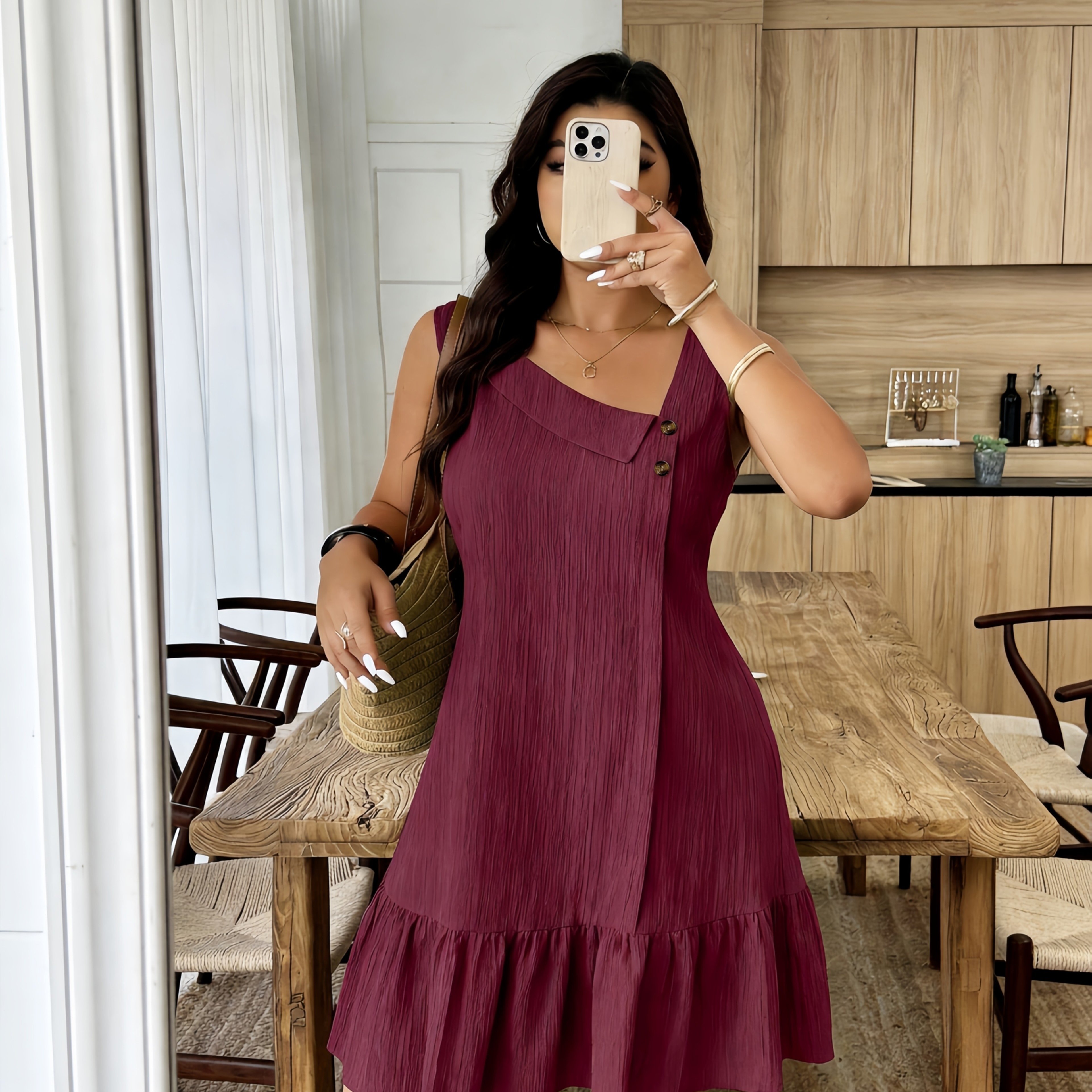 TEMU Plus Size - Mid-length Plus Size Women's Asymmetrical Neckline Button Texture Fabric Hem A-line Dress, Elegant Short Sleeve Sleeveless Dress,