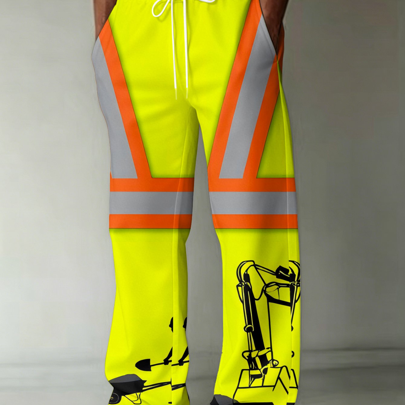 TEMU Men's Fashion Printed Trousers With Yellow Background And Reflective Strips, Featuring A Pattern Of Pushing A Between 2 Excavators, With Pockets