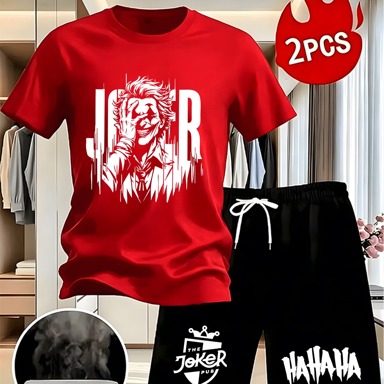 TEMU Warner , Men's Casual Sporty Two-piece Set - Daily Outfit Wear, Clown Joker Printed Casual Set, Summer Men's Breathable Comfortable Outdoor