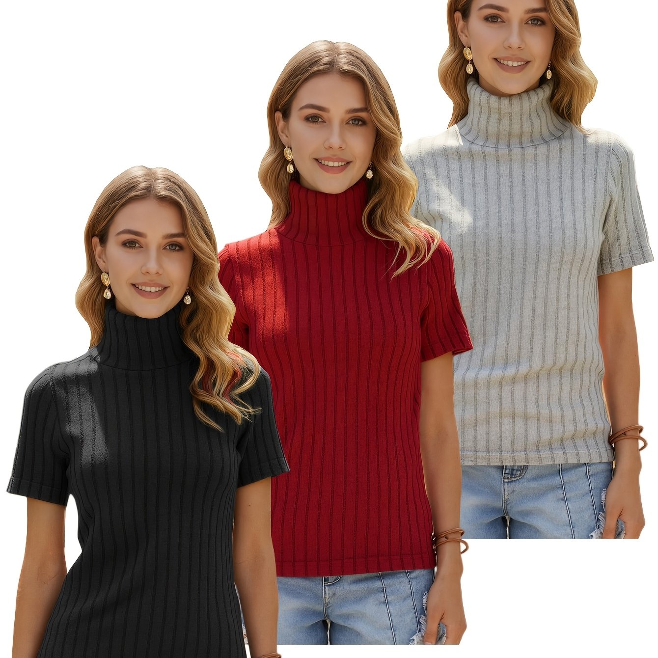 TEMU 3pcs Women's High-neck Ribbed Tops, Versatile Layering Fashion Short-sleeve Pullovers