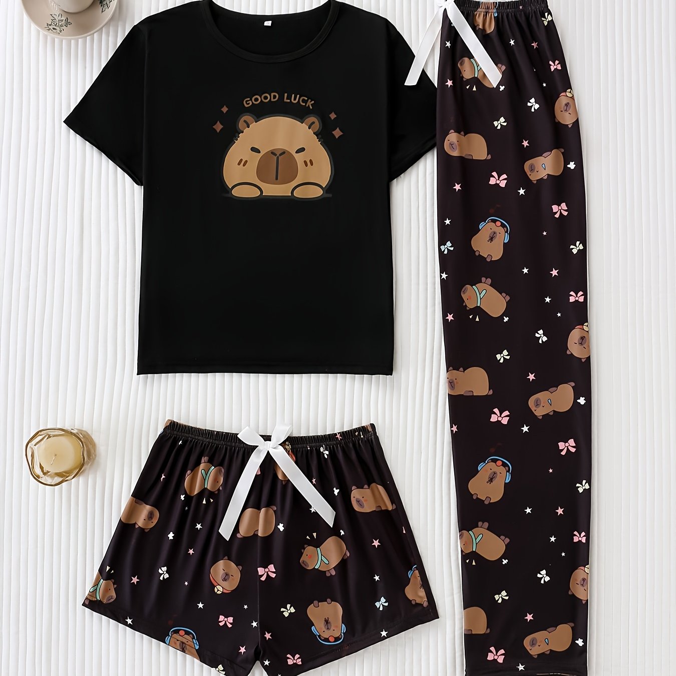 E-shop 3-teiliges Cartoon Capybara Bedrucktes Pyjama-Set für Damen | Kurzarm Rundhalsausschnitt, , , für alle Jahreszeiten