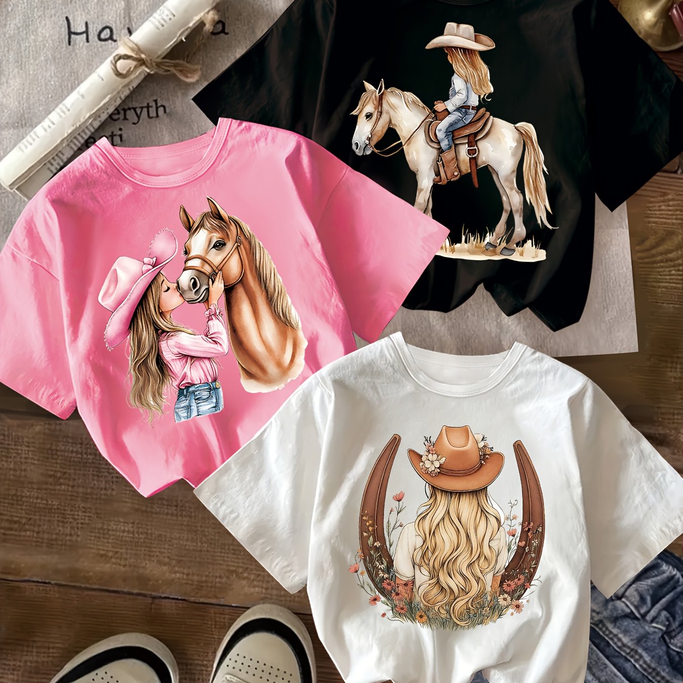 Image of 3 - Piece Girls' Western Cowboy T - Shirts, With Prints Of Horses And Girls, Featuring Elements Of Cowboy Boots And Cowboy Hats. A Short - Sleeve Style, Trendy, Fashionable And Versatile.