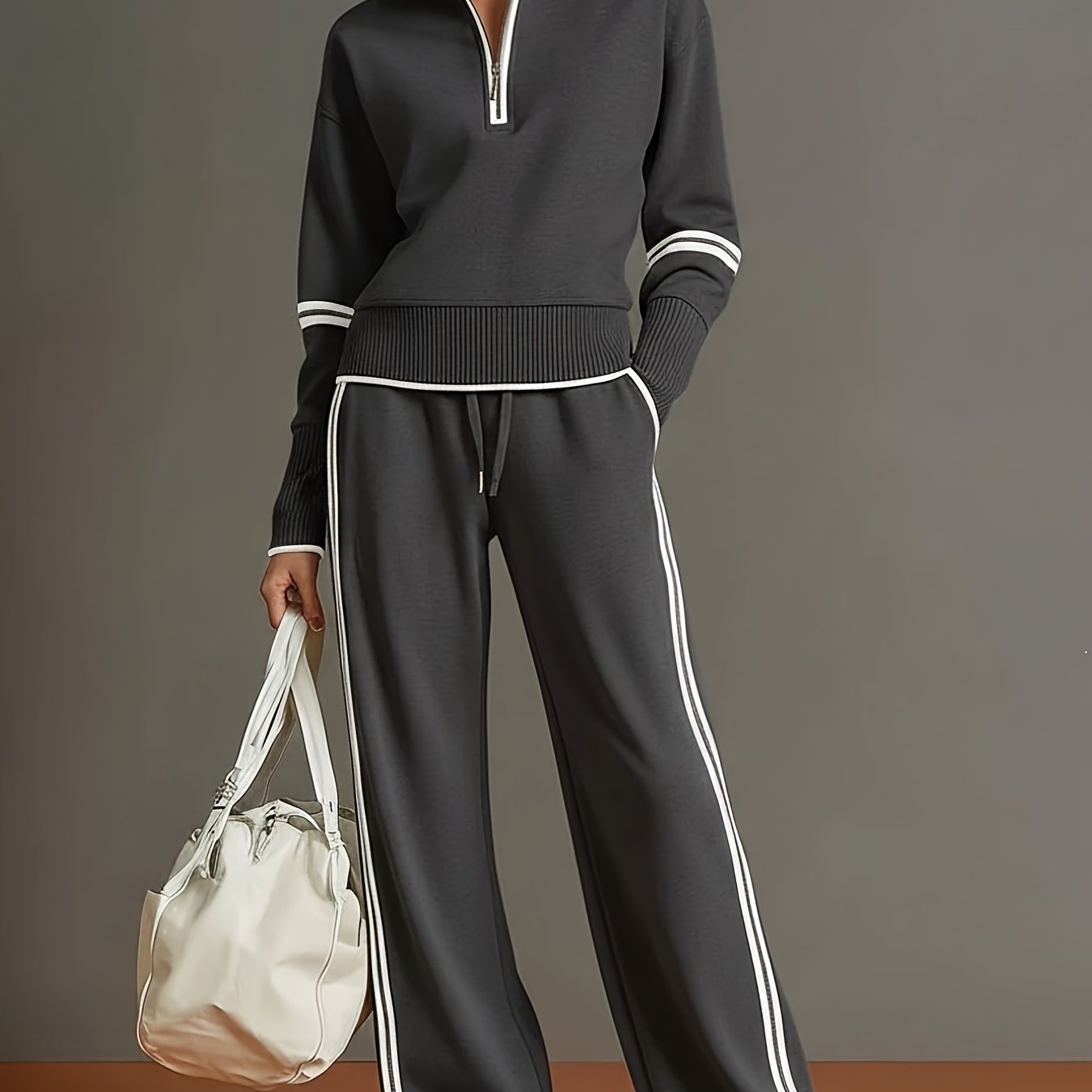 Color Block Stand Collar Sweatshirt Wide Leg Pants 2pcs Set European S Outfit