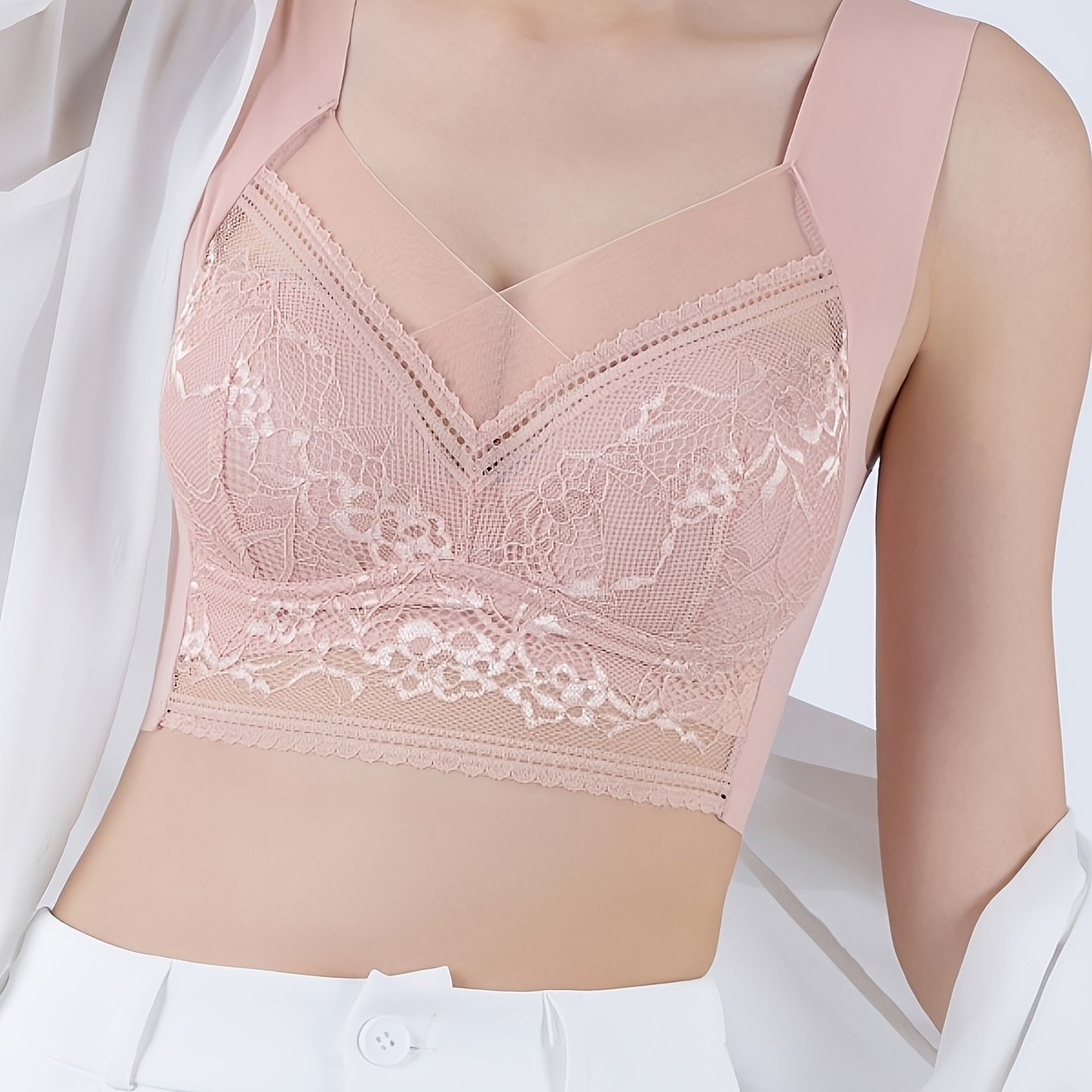 Plus Size Daily Bra, Sexy Lace Comfortable Seamless Fixed Cup Wireless Bra, Back Smoothing Lingerie, Thin Cup Sports Sleeping Bra
