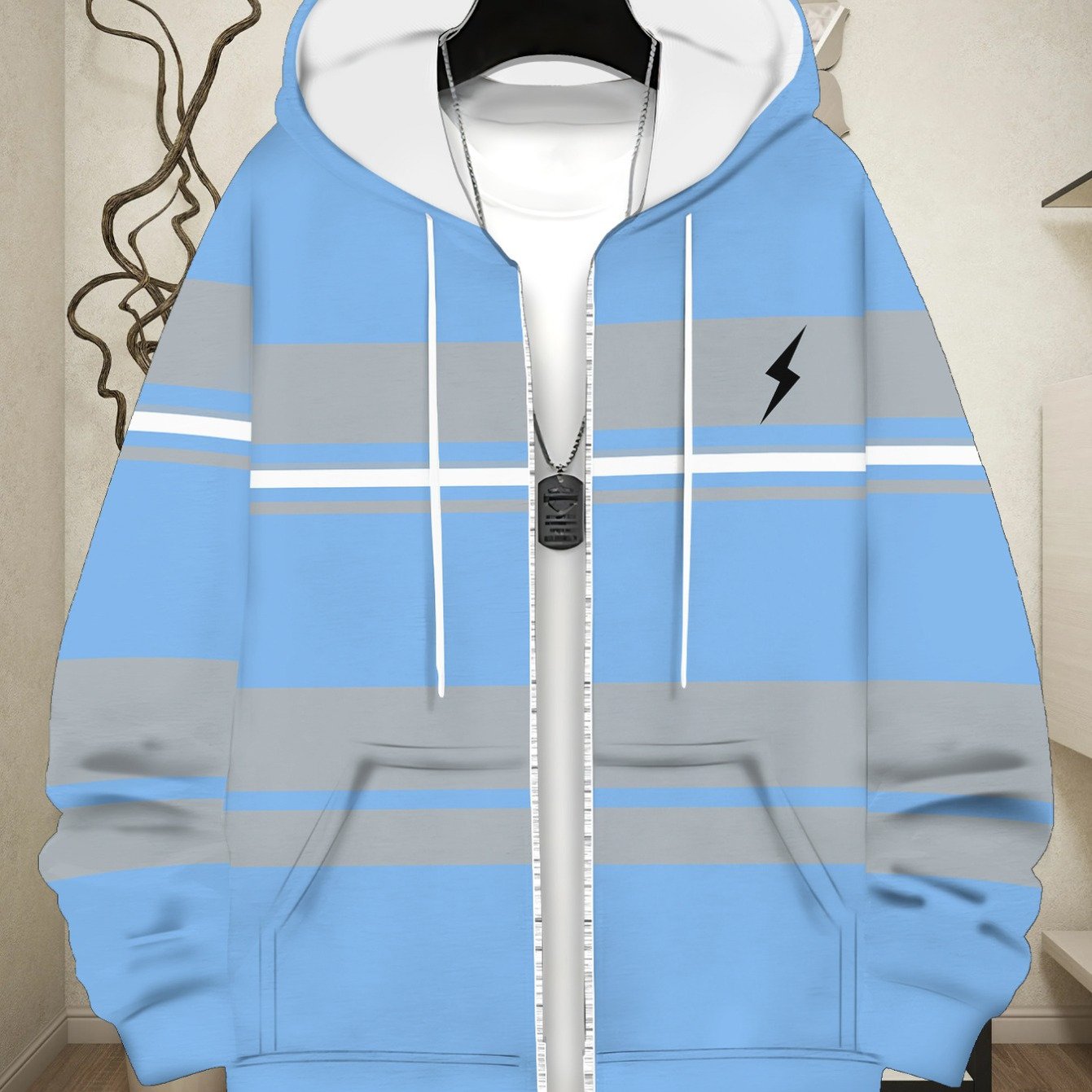 TEMU Blue With Gray Stripes, Lightweight Hooded Sweatshirt, Durable And Comfortable Zip-up Hoodie, Suitable Casual , Gym Or Casual Attire, Men's ,