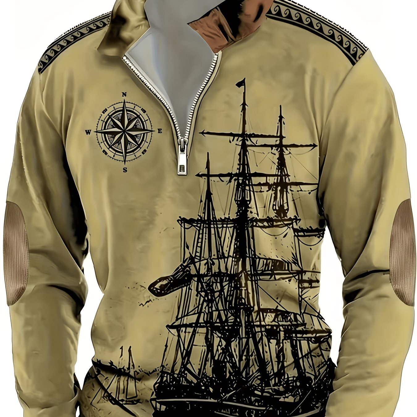 Men's Casual And Comfortable Long-sleeve Shirt With A Vintage Sailboat Print For Spring And Autumn