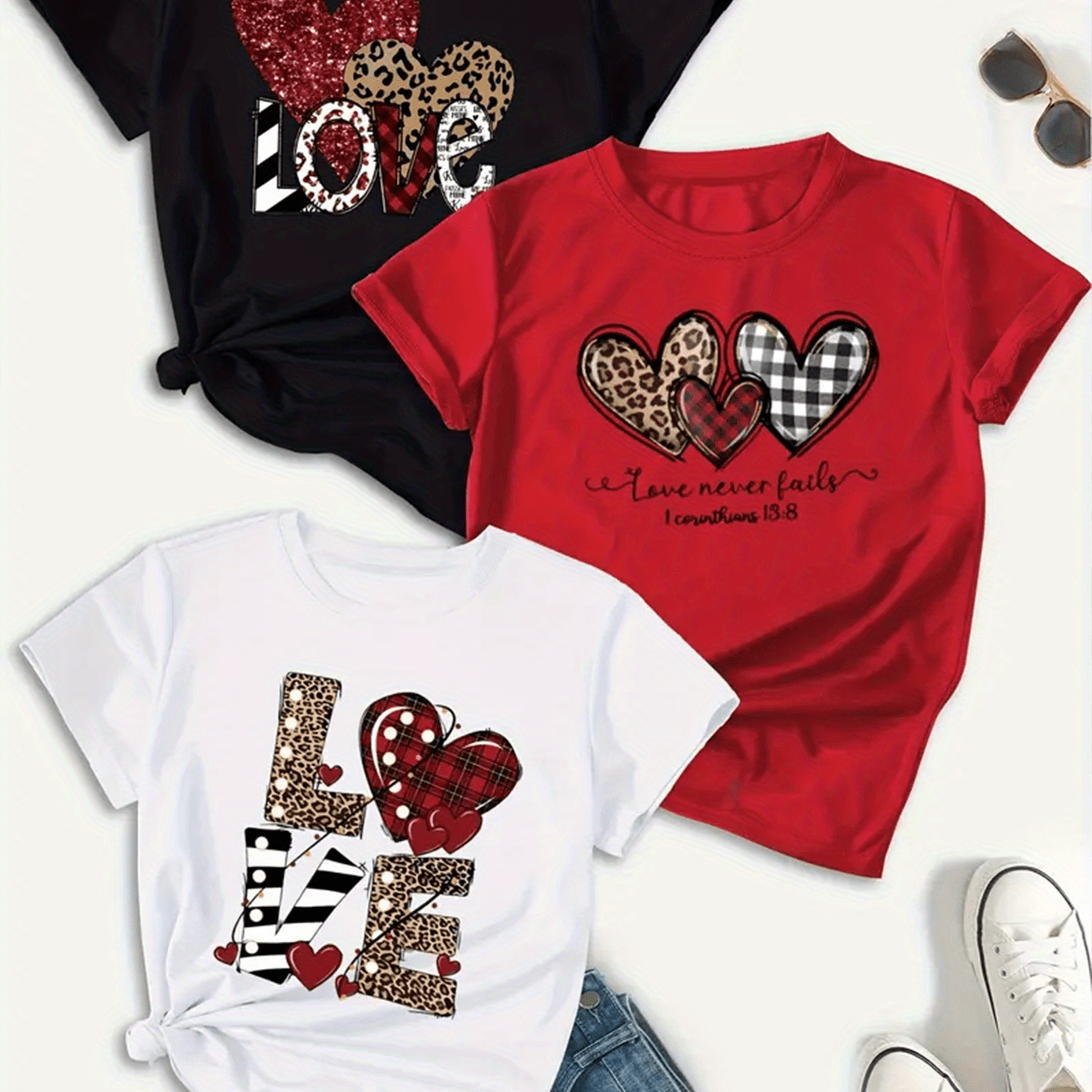 TEMU Women's 3pcs Love Heart Print T-shirt Set - Casual Crew Neck Short Sleeve, Polyester Machine Washable - Versatile Fashion For Spring And Summer,