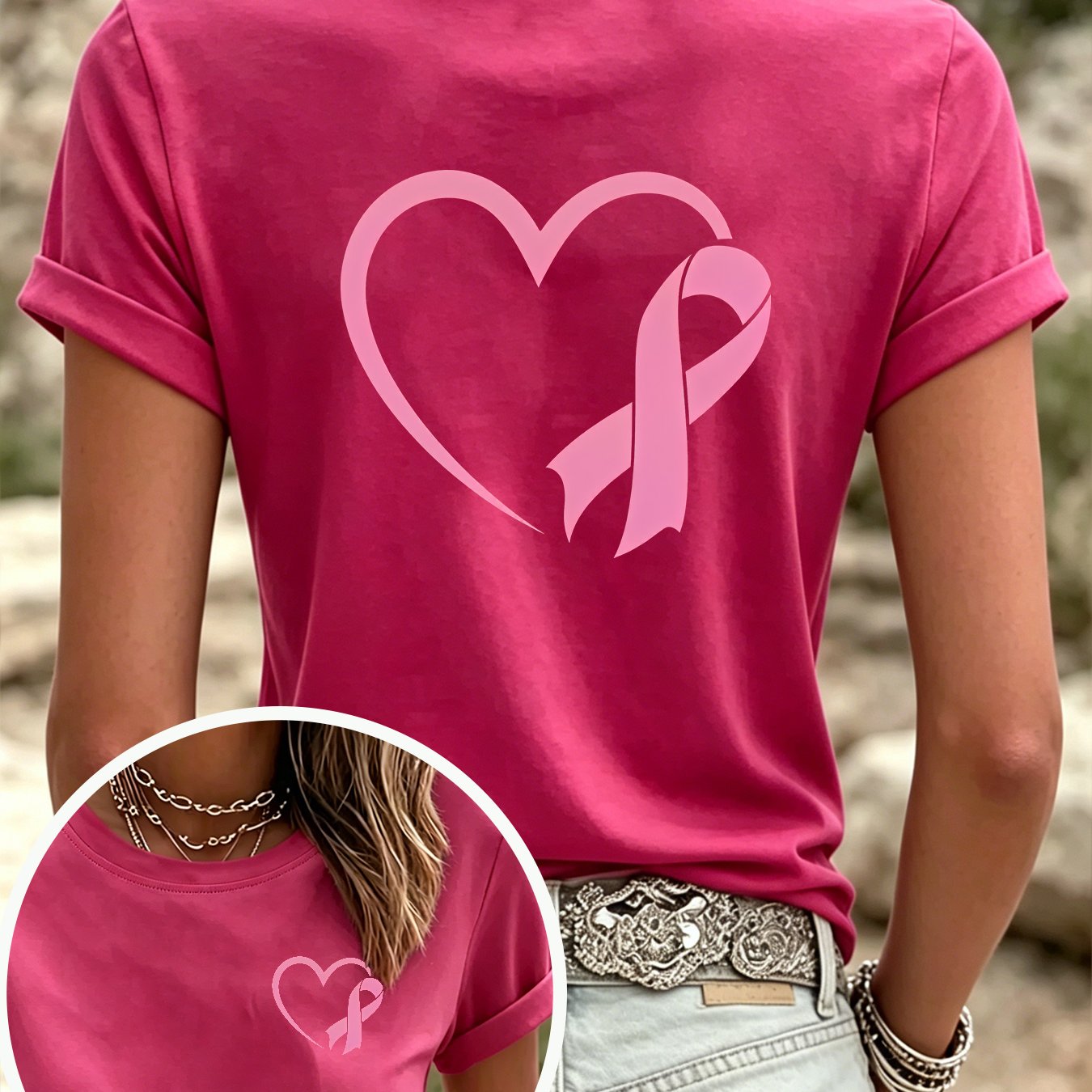 TEMU Pink Breast Awareness Themed Print European And Niche Neck Short Sleeve T-shirt For Women, Summer Casual Loose Fit Comfortable And Versatile,