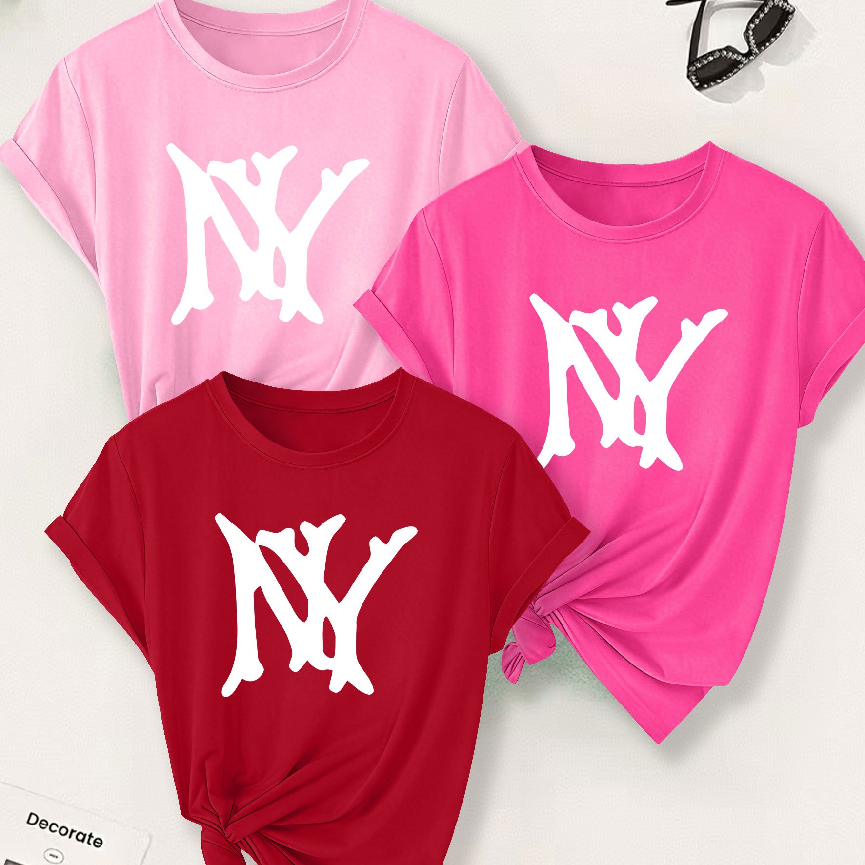 TEMU Plus Size - Plus Size - Women's Ny Size Plus Size Short Sleeve 3pcs T-shirt Top Set For Summer, Comfortable Breathable Fabric, , Suitable For