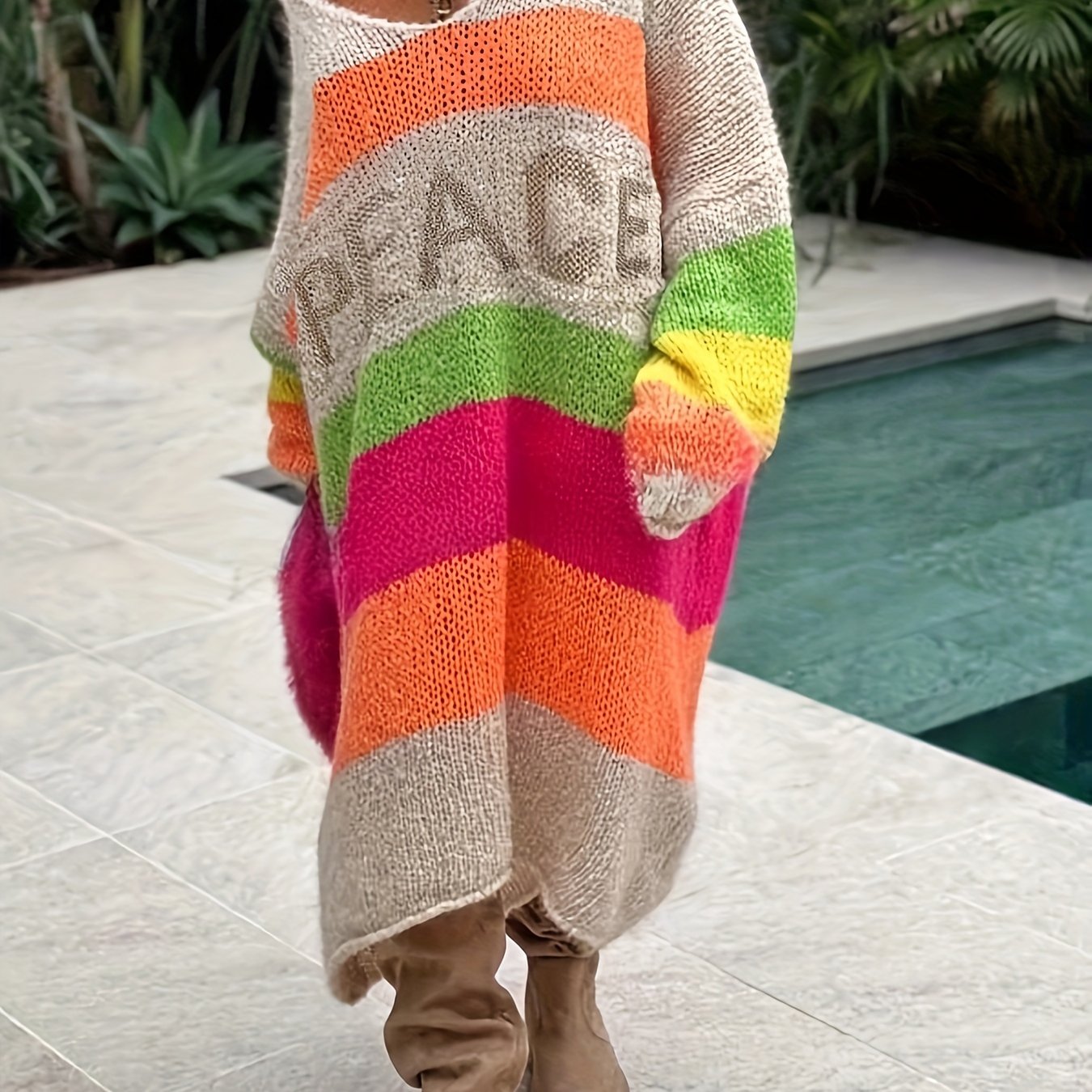 Image of Plus Size Peace Letter Pattern Knitted Dress, Casual Long Sleeve V Neck Striped Dress, Women's Plus Size clothing