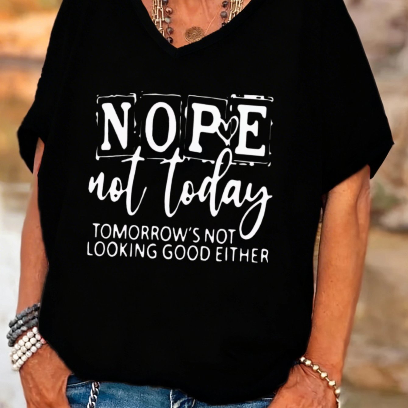 TEMU Plus Size Casual V-neck Women's T-shirt With Nope Not 's Not Either Print For Everyday Wear And Gift For