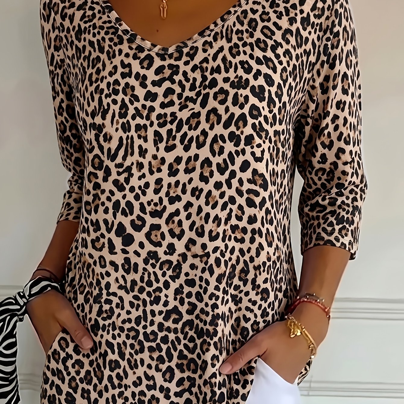 TEMU [printed Design â Not Textured] Ins-style Niche Design T-shirt For Women, Three-quarter Sleeve V-neck Leopard Print T-shirt, Daily Casual Top