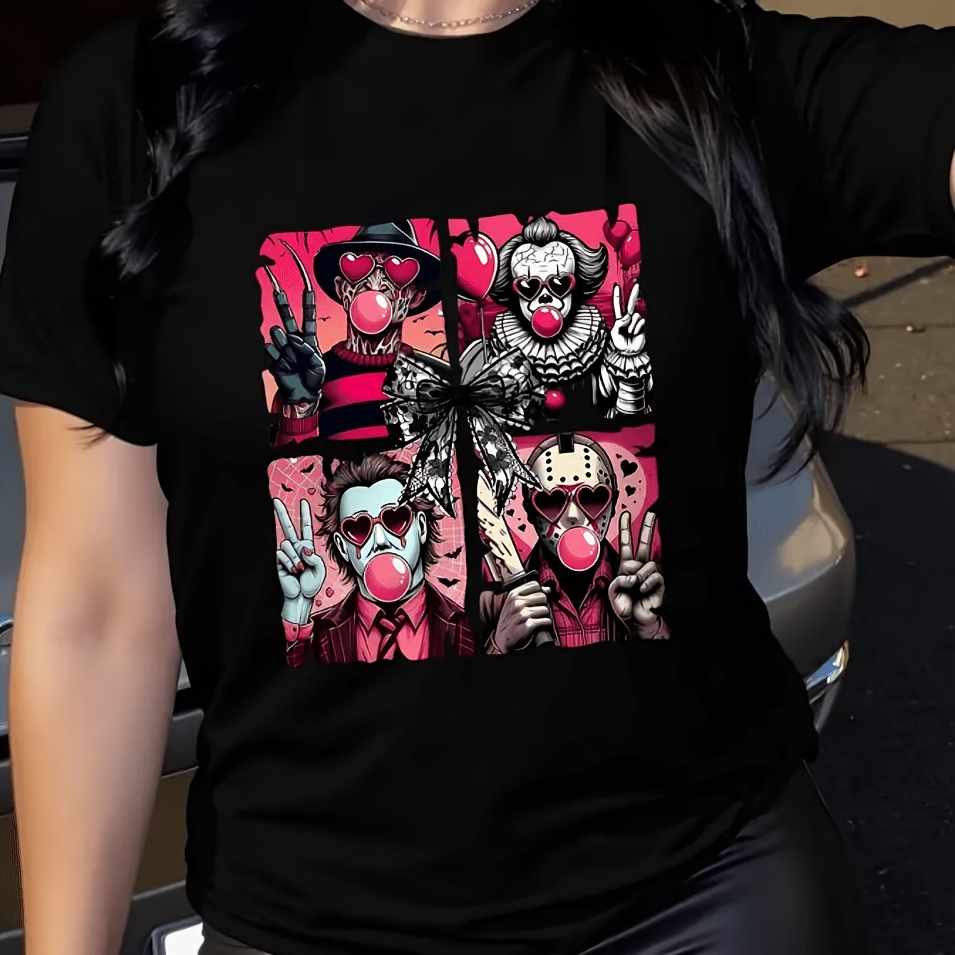 TEMU Summer Monochrome Women's T-shirt -horror Characters Glasses Bubblegum Simple, Comfortable, Casual Round-neck T-shirt