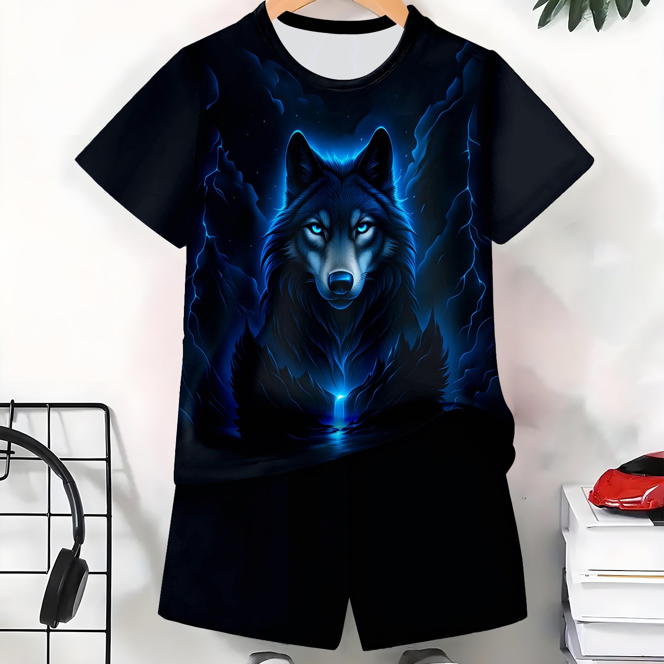 TEMU Boys' Short Sleeved Shorts Set Blue Wolf Graphic Short Set For Casual Wear, Living Room Or Bedroom Use, Lightweight And Comfortable Design With