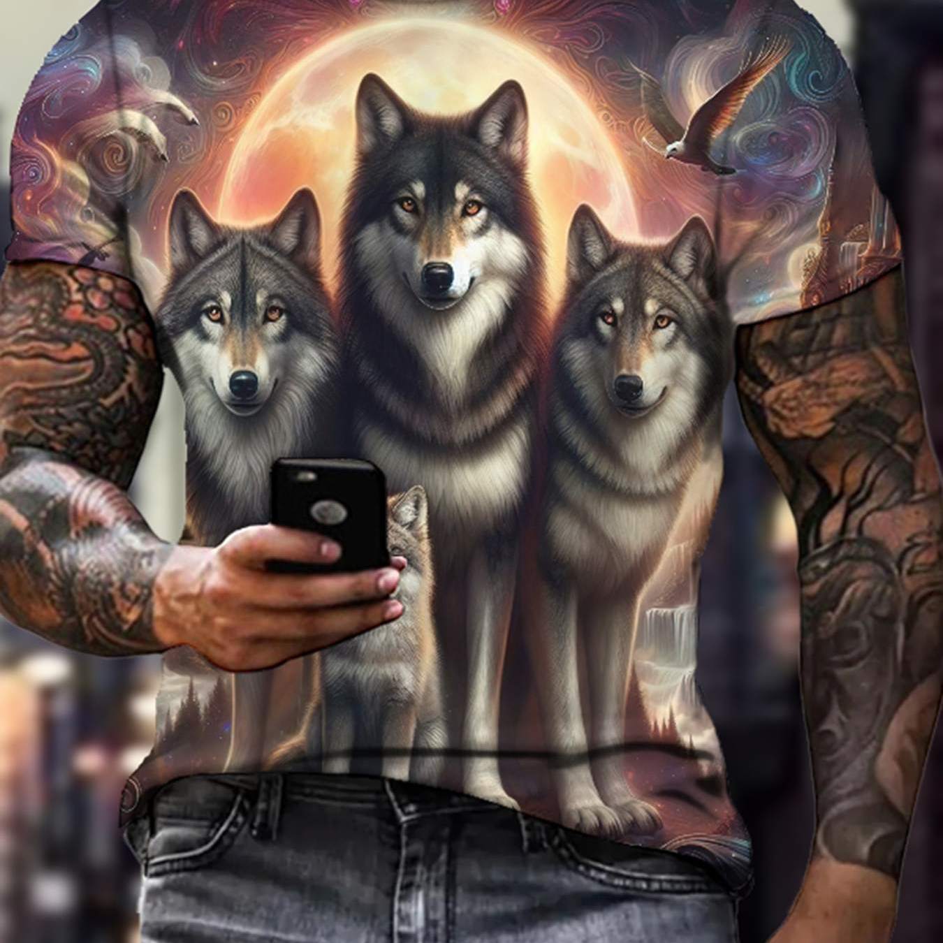 Image of Men's Casual Short-sleeve T-shirt Featuring A Trendy 3d Graphic Design Of And A Against With Birds, Suitable For Adult Wear