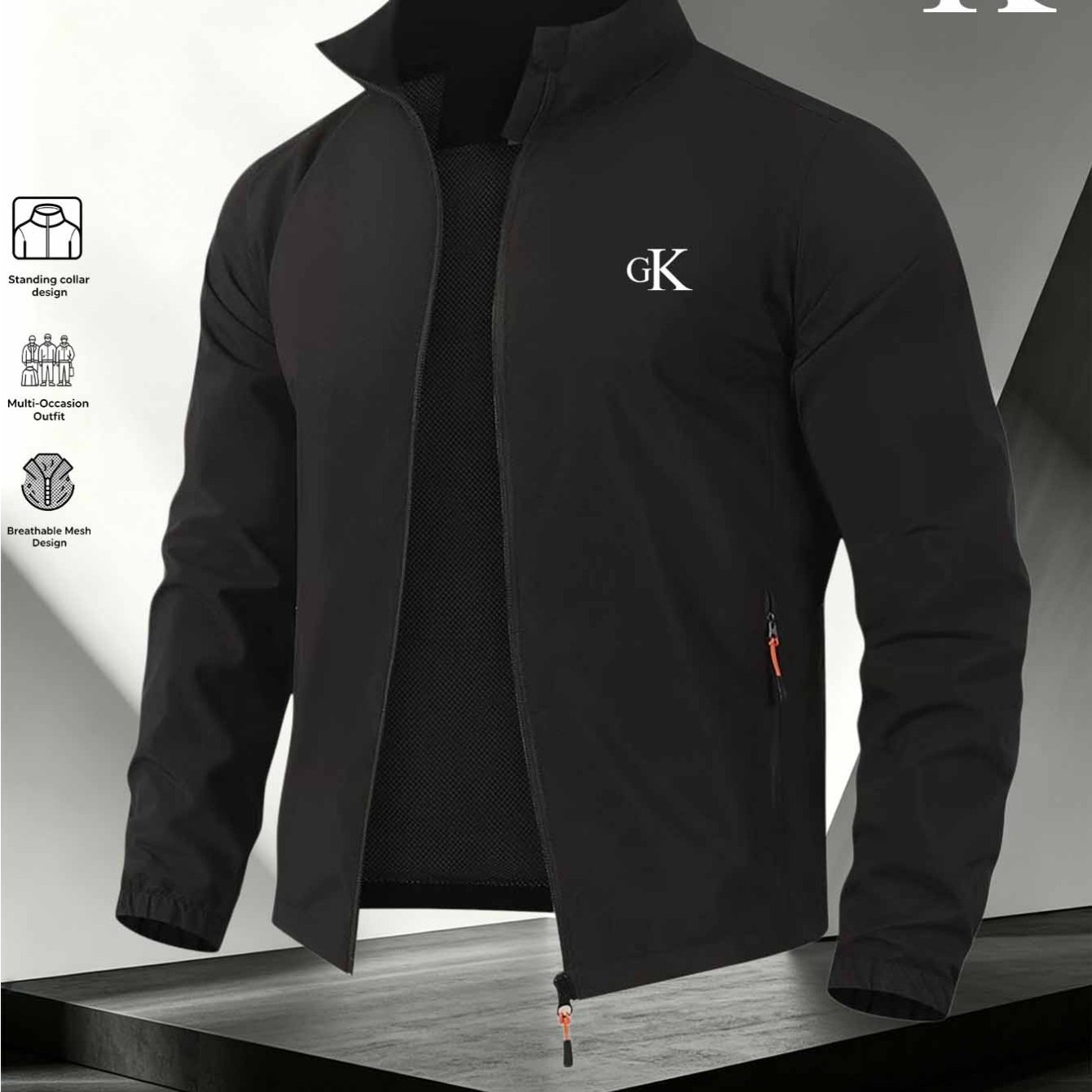TEMU 2026 's Stand Collar Zipper Casual Jacket, Black And White Gk Letter Print Logo On Chest, Breathable Mesh Lining, Lightweight Durable Windproof