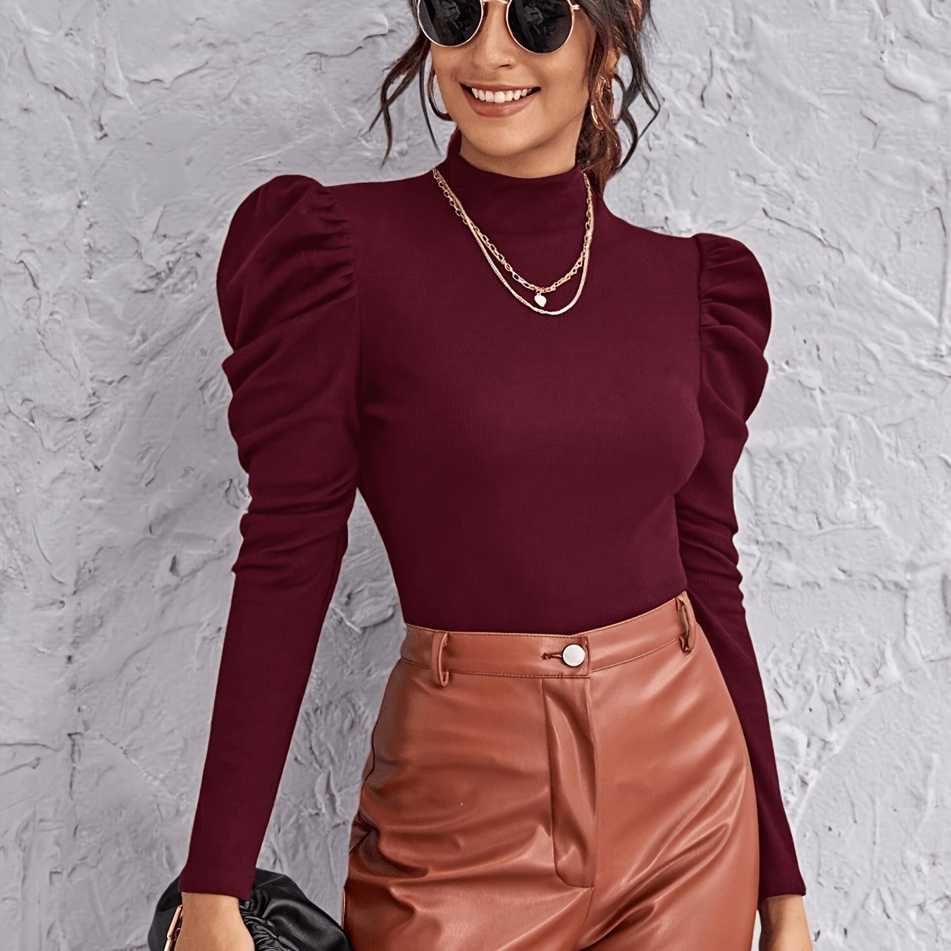 TEMU Women's Autumn/winter Puff Sleeve Fashion Commuter Ribbed Half-turtleneck Slim-fit Long-sleeve Base Layer T-shirt Top