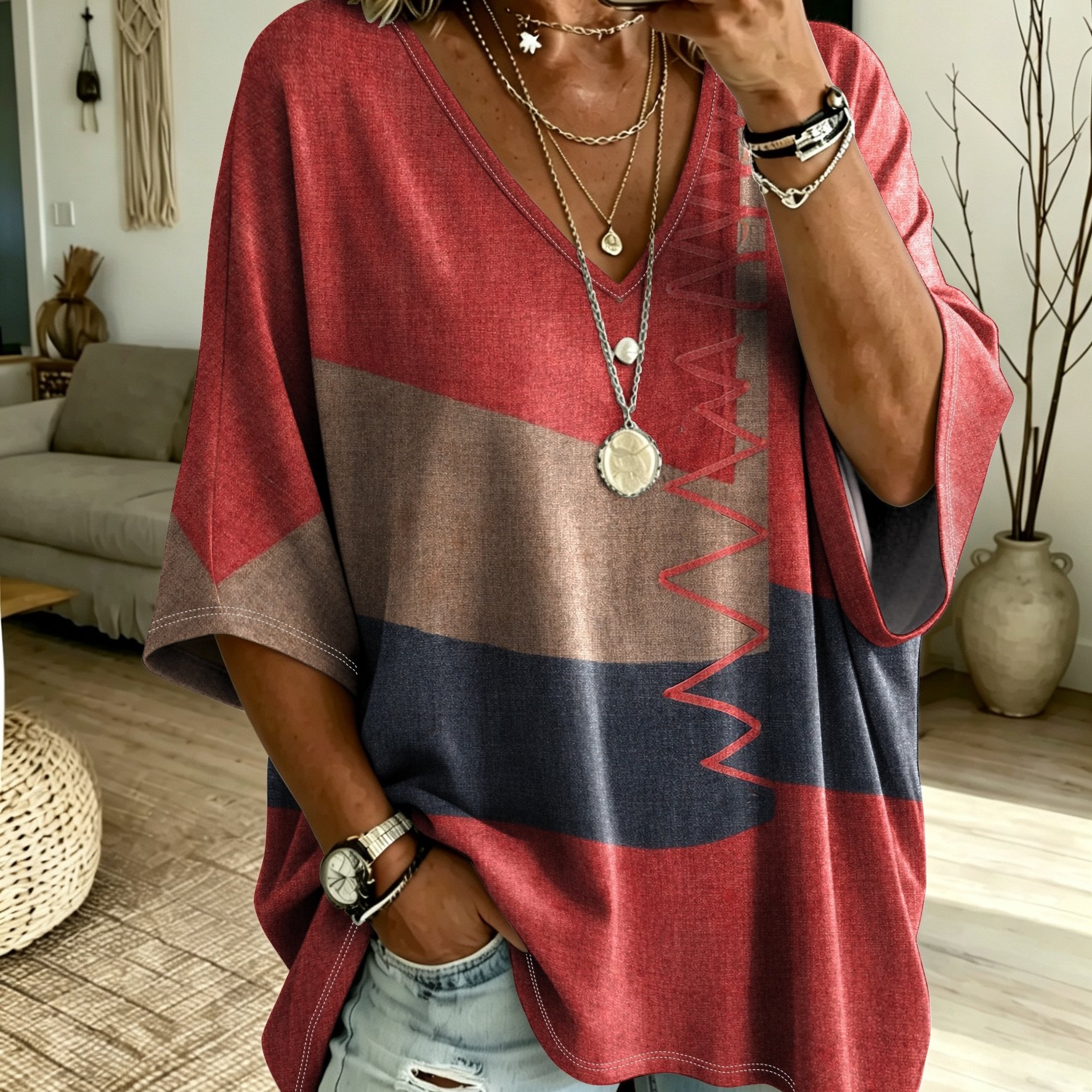 TEMU Plus Size, Vintage Geometric Print T-shirt, V-neck Batwing Sleeve Women's Top, Loose Size Comfortable And Figure-flattering, European And Style