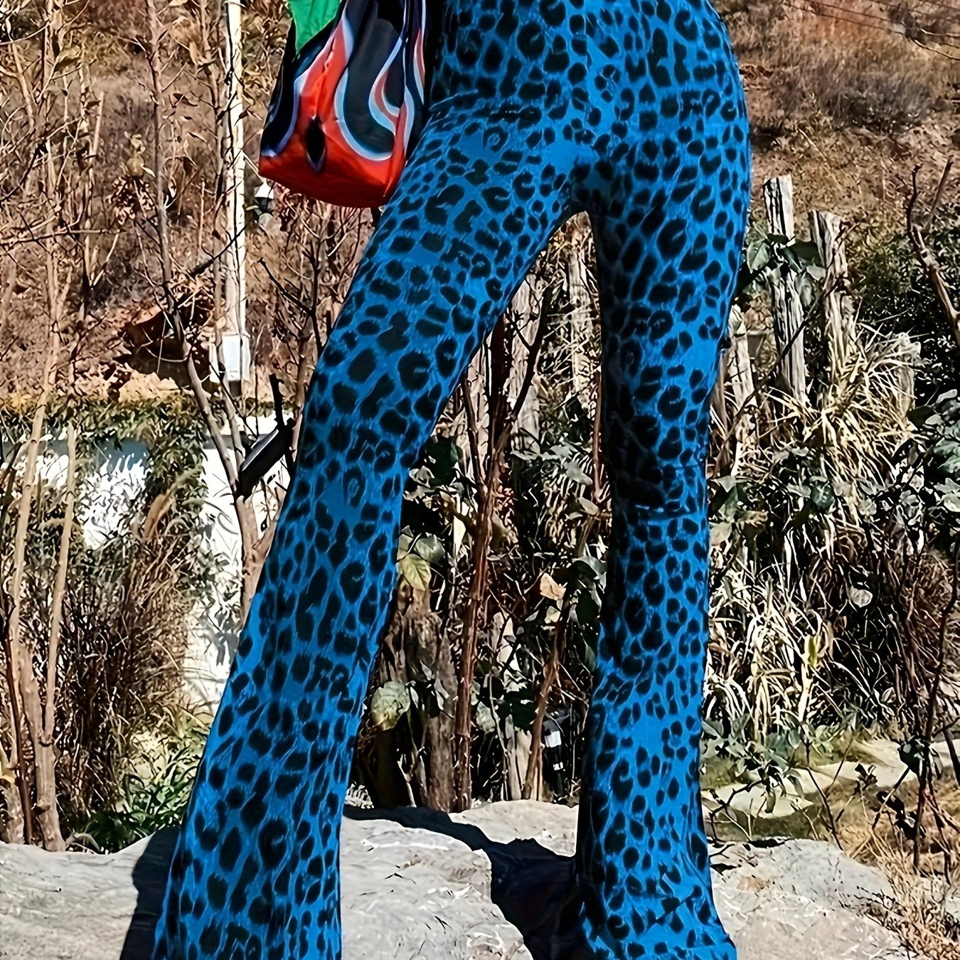 1pc Fashion Leopard Print Flared Pants - , Stretch And Elastane Material, Machine Washable, Opaque, Fabric, Medium Stretch, Suitable For Spring/summer/fall, Women's Casual Wear
