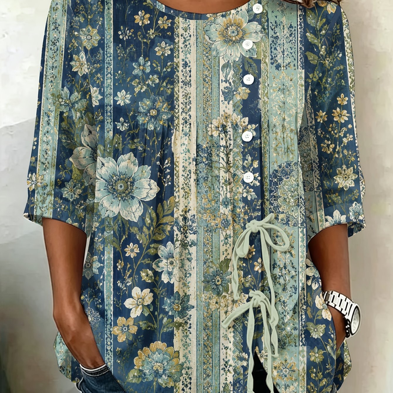 TEMU Plus Size - Blue Botanical Floral Striped Pattern Women's Plus Size Button Shirt, Oversized Longline Essential For, Spring Summer Trend Durable