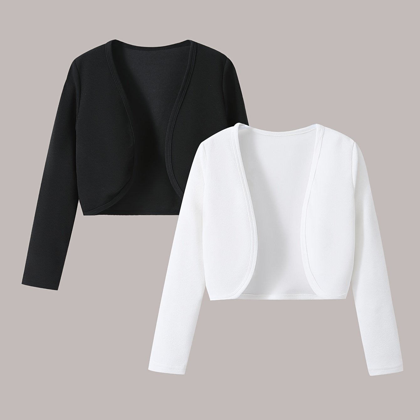 TEMU Girl' Casual Black And White Solid Color Short Long-sleeve Shawl Cardigan 2-piece Set, Fresh And Easy To Match, For Daily And Parties, Sweet,