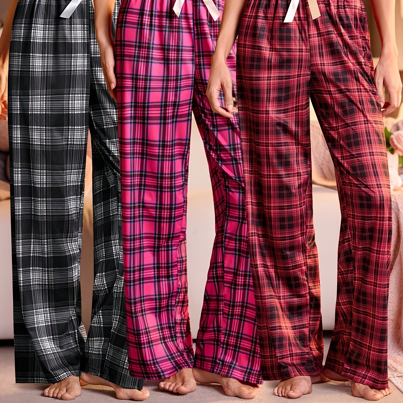 TEMU Women's 3pcs Elastic Waistband Plaid Themed Printed Trousers, Comfortable Fabric And Loose Fit To You Through Pleasant Day, Exquisite Printed