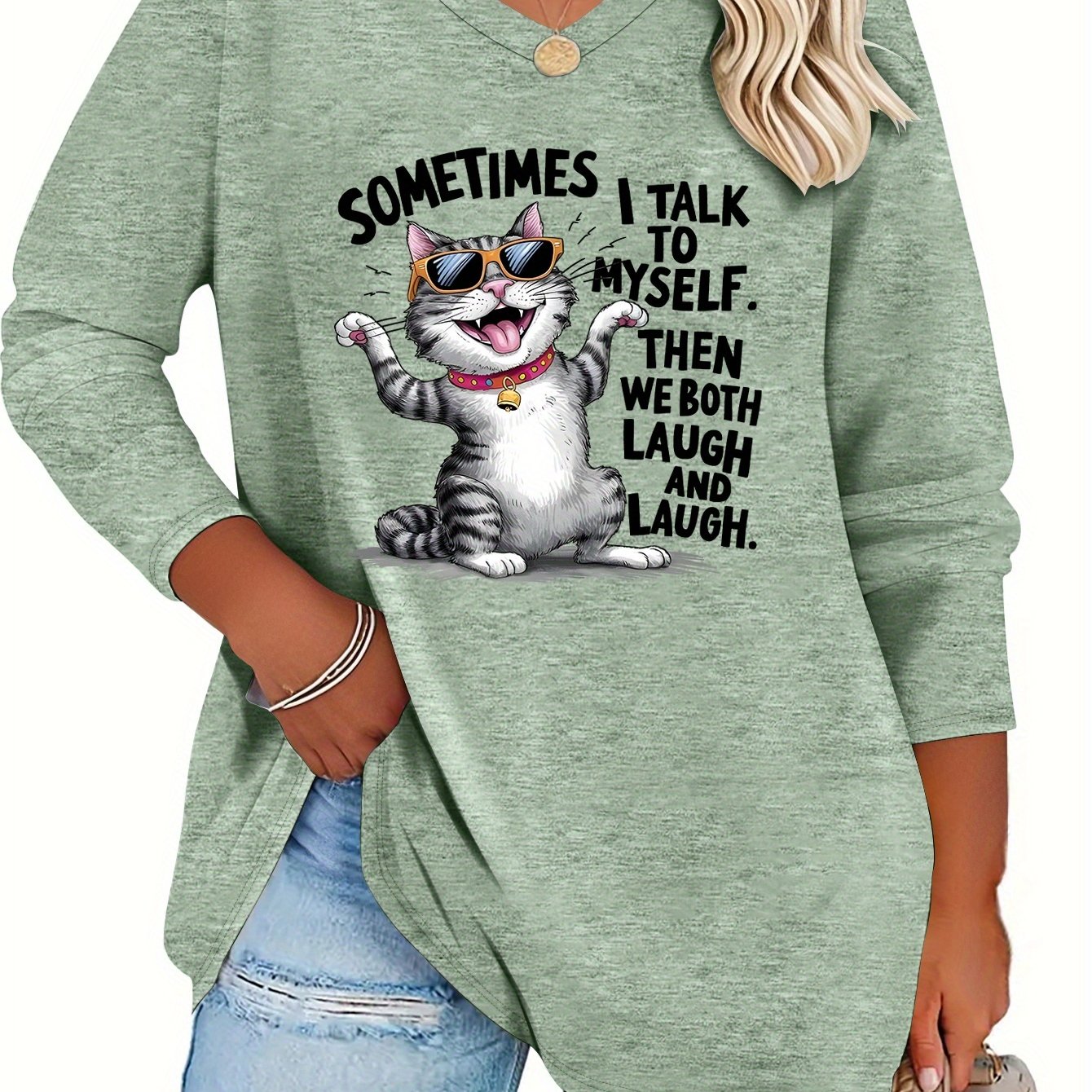 TEMU Plus Size, /summer Size Women's Casual Long Sleeve V-neck T-shirt With Cat And Letter Print, Rayon/spandex Blend - Soft, , Machine Washable,