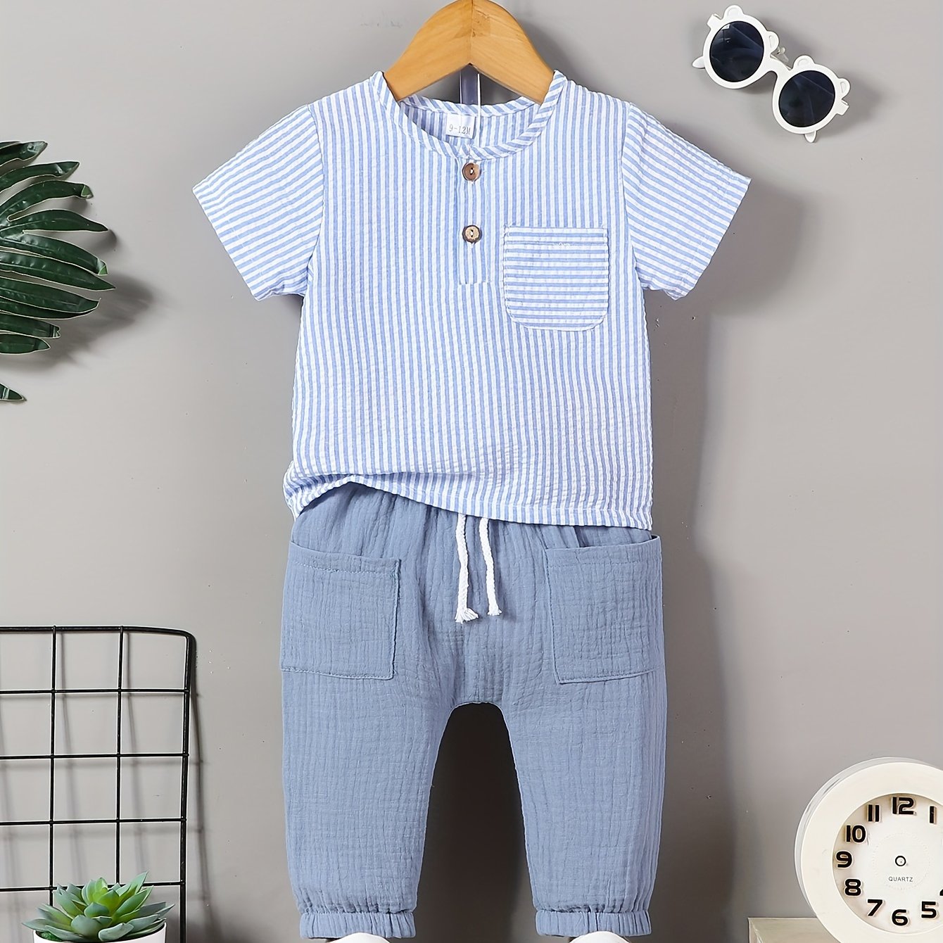Image of Cheap Striped Pocket Top + Bubble Long Pants Set, For Outdoor