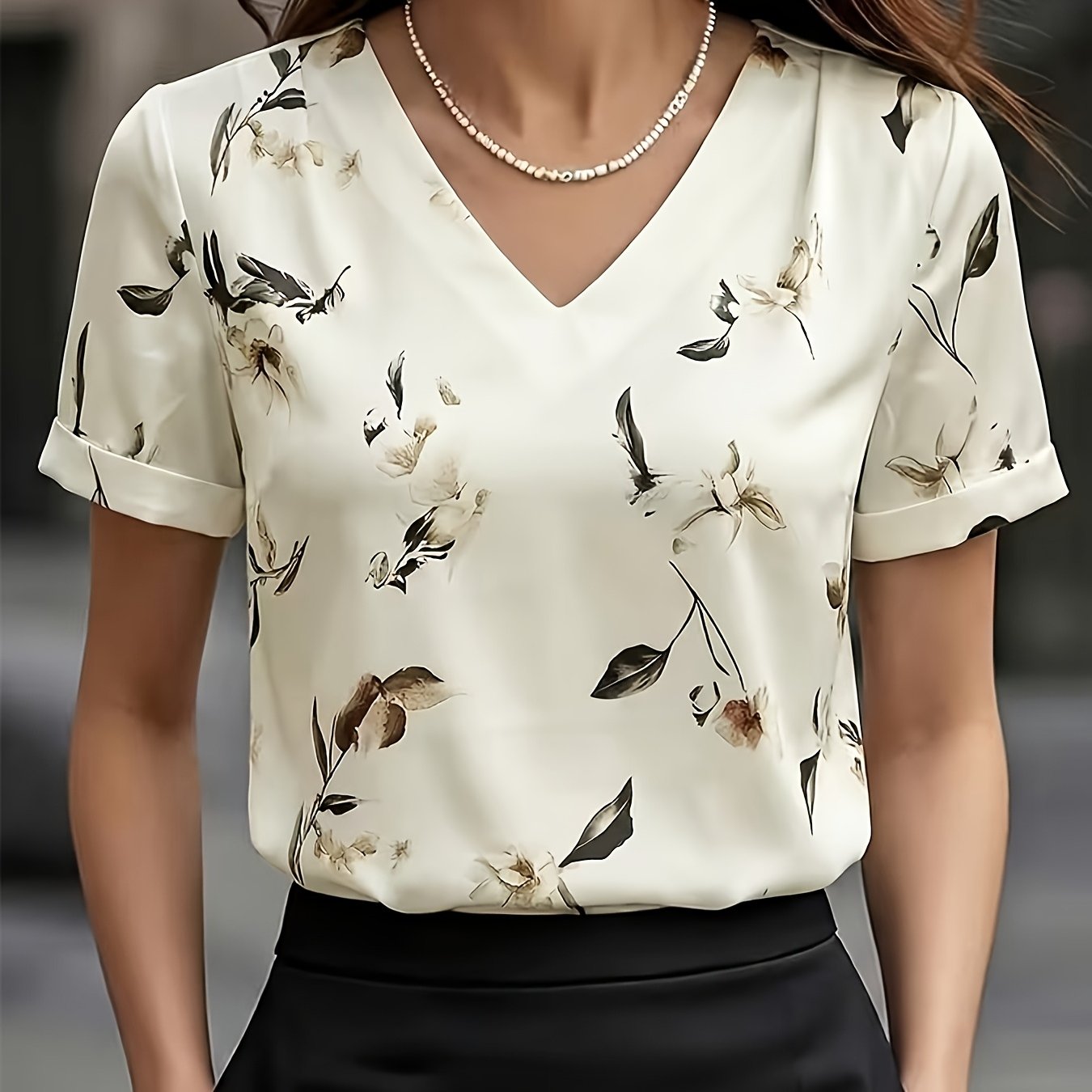 TEMU Women's Summer V-neck Short Sleeve Blouse Shirt - Wash Floral Print Blouse Top, Draping V-neck Blouse Suitable For Workplace, Commuting & Office