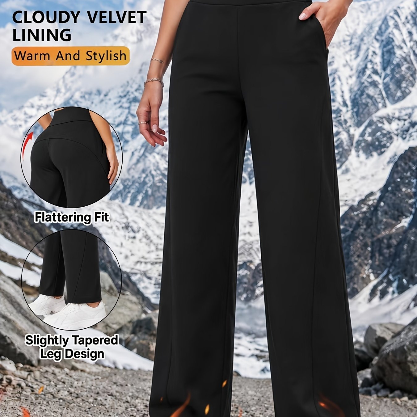 TEMU Walking In A , Straight Long Pants With Warm Fleece And Heat-locking, High-waist Wide Waistband Design, Contouring The Waistline, Flowing And