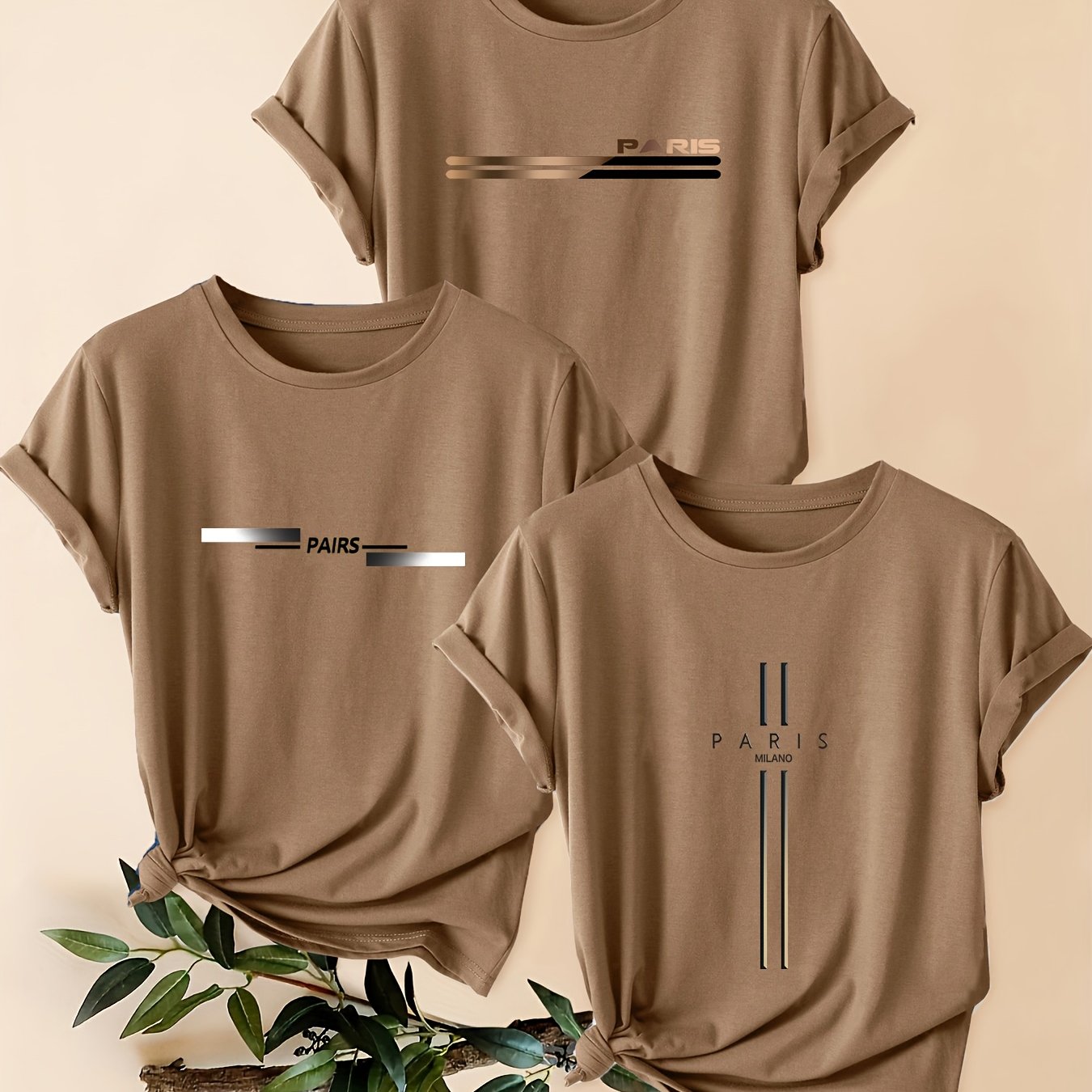 TEMU 3pcs Women's Paris Letter Print Short Sleeve Round Neck Blouses - Casual Suitable For Spring Summer Fall Casual Attire, Office To Neutral-tone,