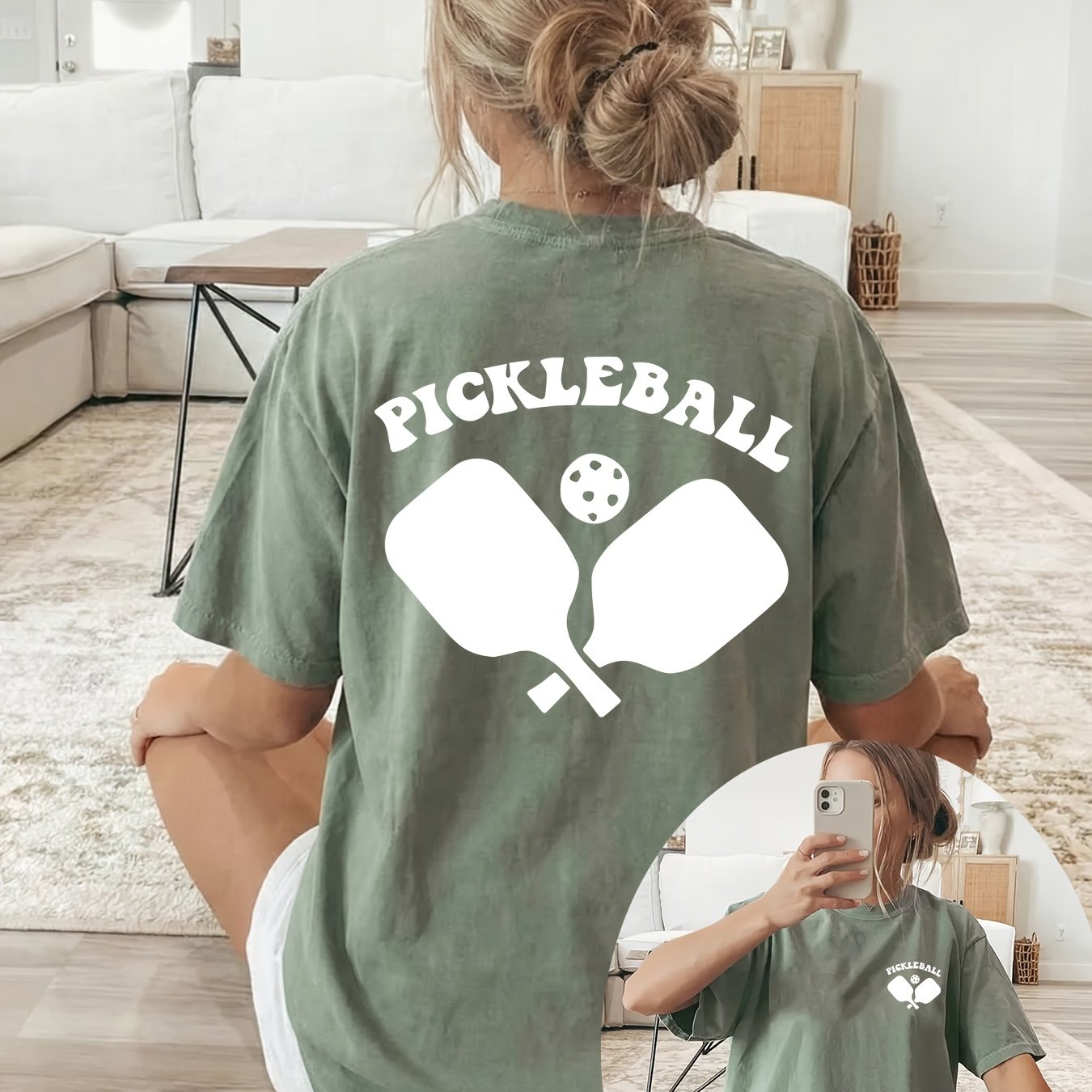 TEMU [double-sided Print] White Pickleball Paddle And Ball Pattern With The Text "pickleball" Above, Short-sleeved Crew Neck Casual Top, Women's