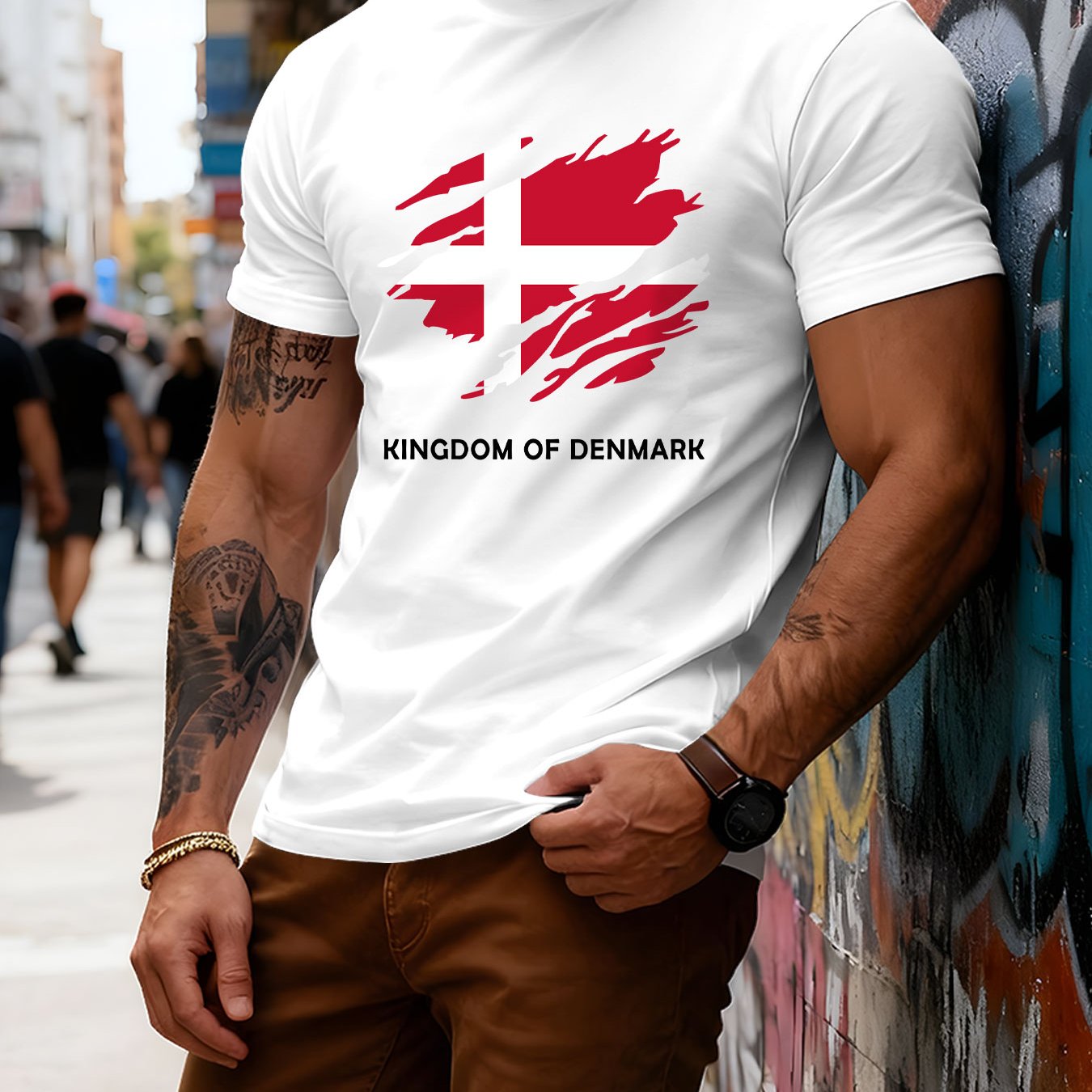 TEMU Men's Danish Flag T-shirt - Short Sleeve Crew Neck Casual Top With Danish National Print, Machine Washable Suitable For Summer & Spring Wear,