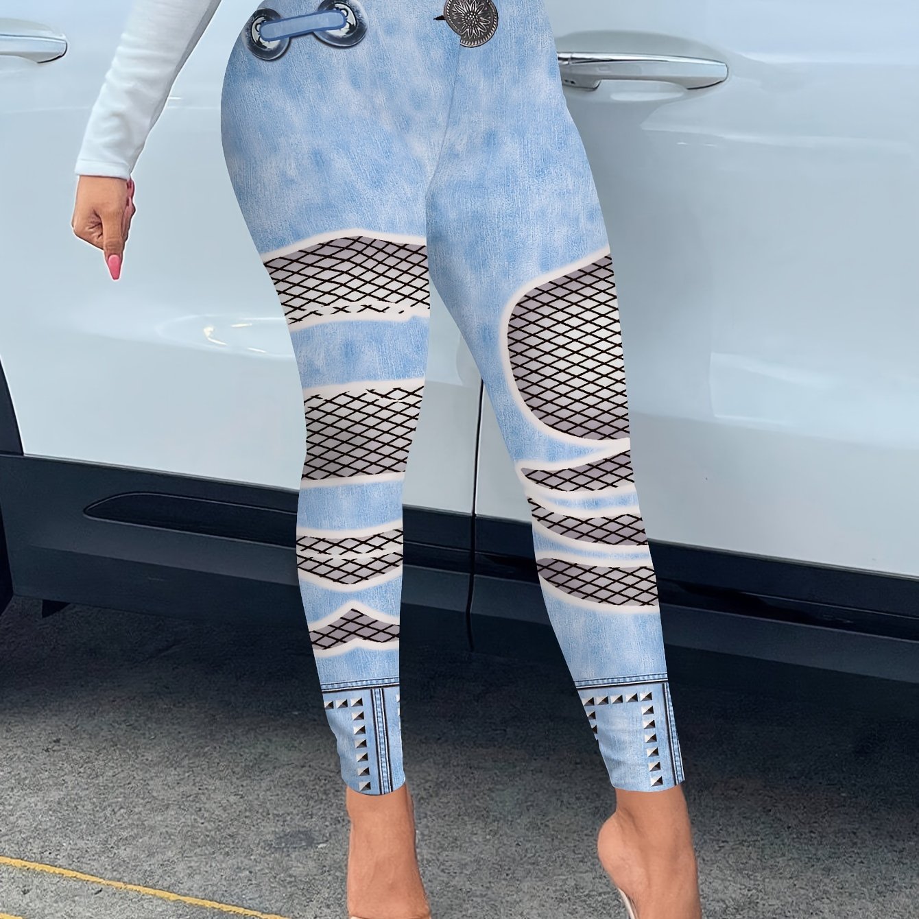 TEMU Denim Mesh Print Leggings, Casual High Waist Day Stretchy Leggings, Women's Clothing