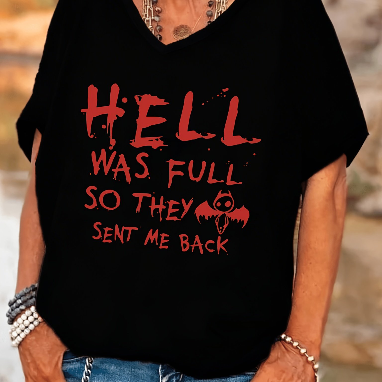 TEMU Plus Size, Casual Gothic Style Plus Size Women's V-neck Batwing Sleeves T-shirt Was Full So Sent Me Back Graphic Tee Halloween Party Fall Season