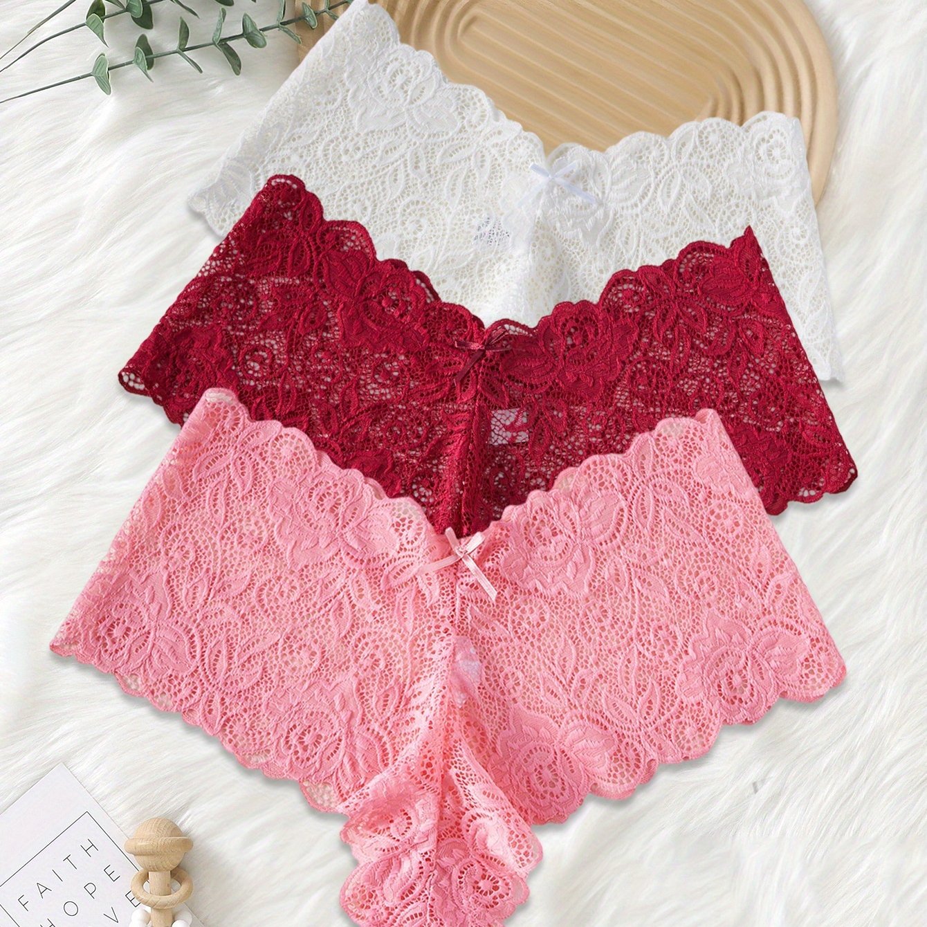TEMU 3pcs Lace Panty Set | Wavy Trim With Bow Trim, Breathable And -friendly
