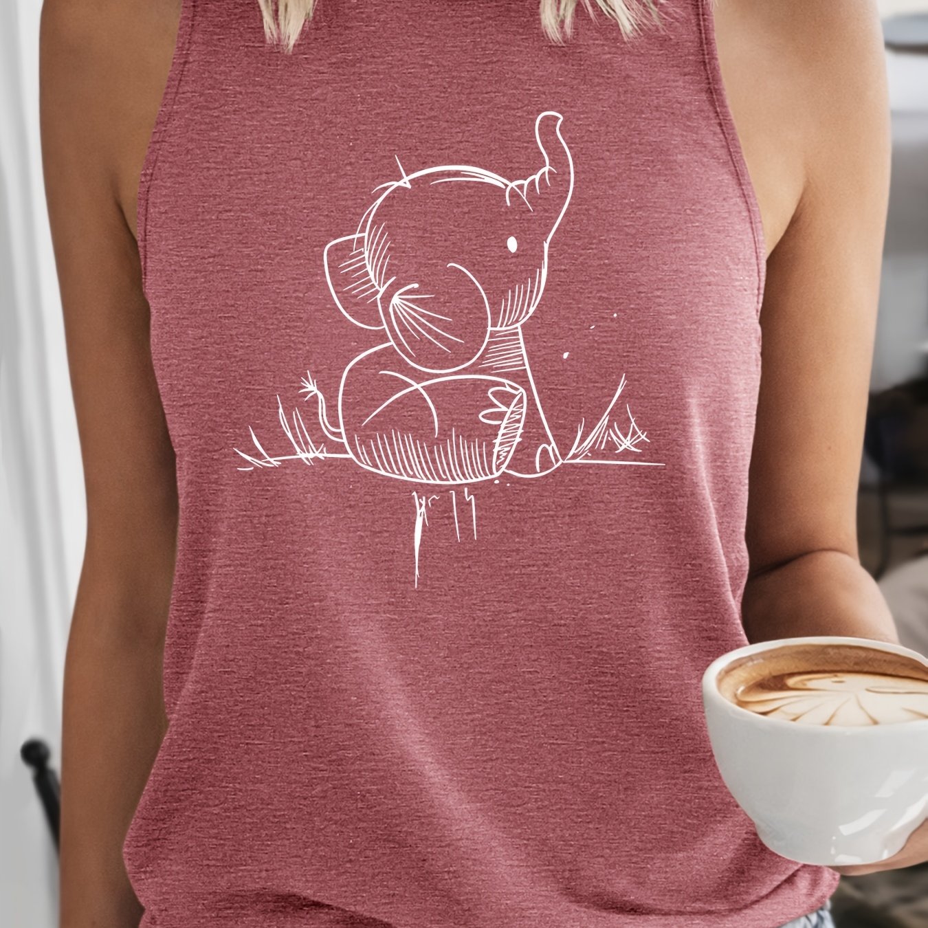 TEMU Women's Hand-drawn Elephant Print Sleeveless Top - Vintage Loose Fit Round Neck T-shirt Suitable For Casual, Party & Vacation Wear, Machine