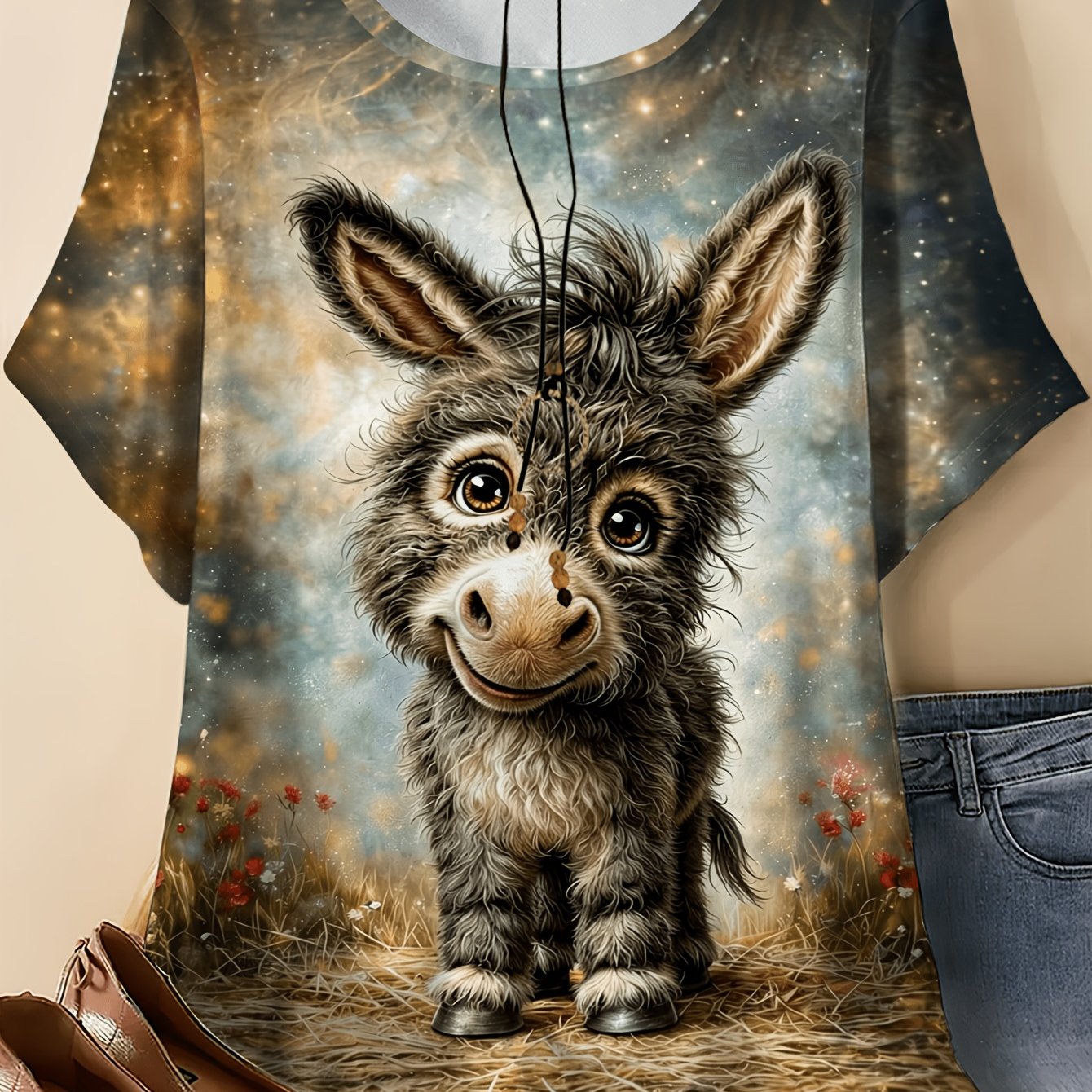 TEMU Plus Size, Women's Plus Size T-shirt - Short Sleeve Round Neck Blouse Suitable For Casual & Outdoor Wear, Summer Top With Donkey, Machine