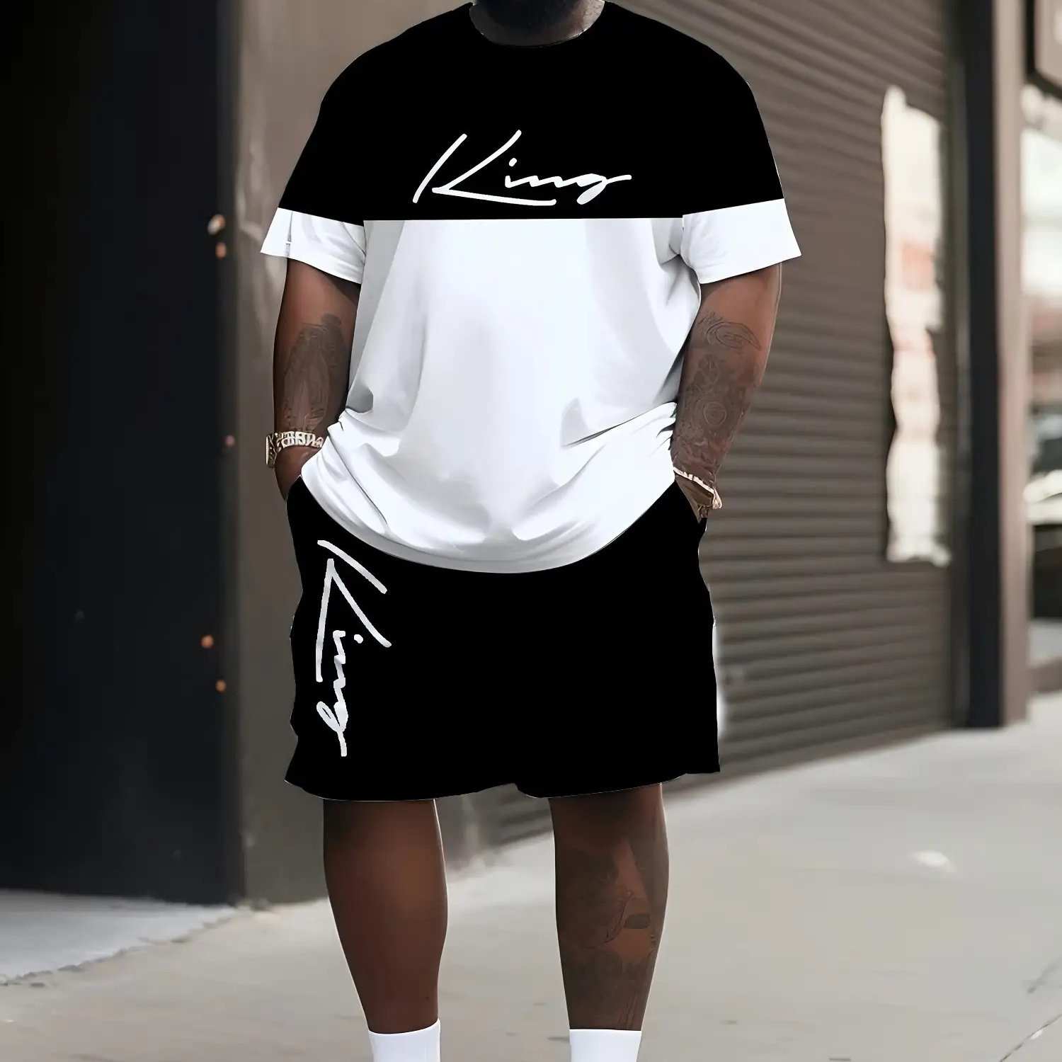 TEMU Big And Tall Men's 2026 Summer Eyelet Short-sleeve T-shirt And Shorts Two-piece Set With Pockets, Loose Set, Plus Size