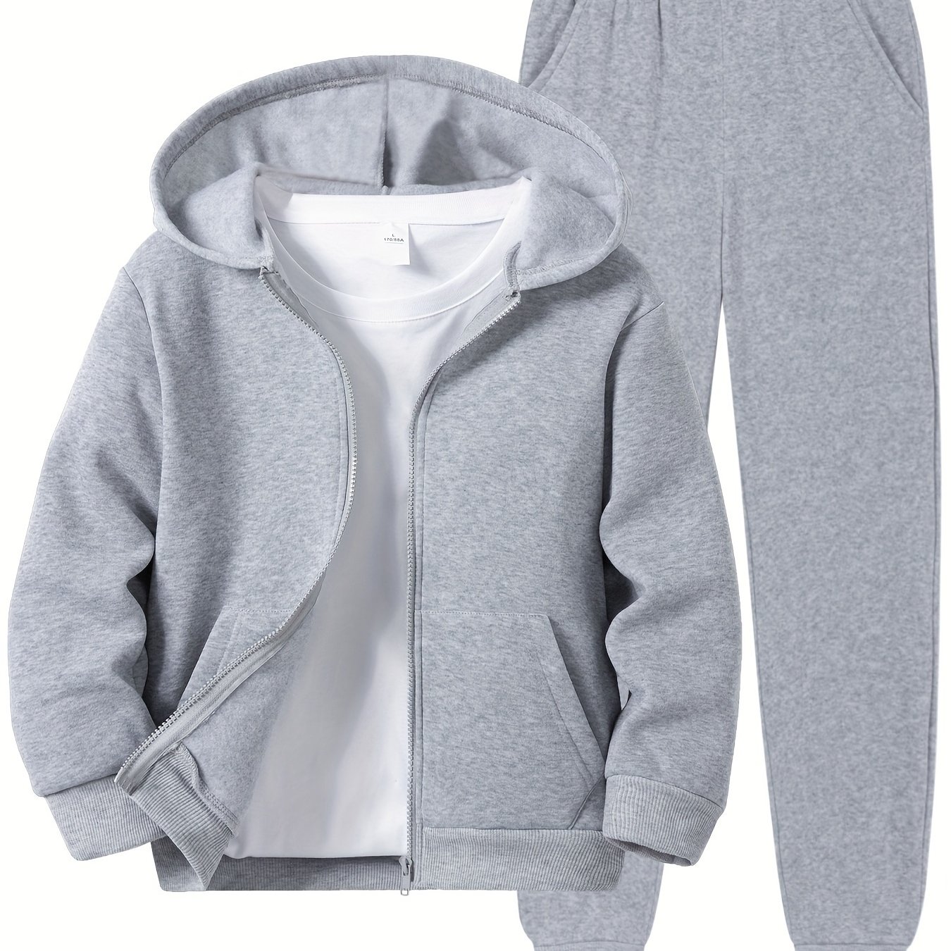 2pcs Solid Color Zipper Hoodie + Sweatpants, Autumn And Winter Comfortable Fleece-lined Boys' Casual Long Pants Set, Suitable For Daily Wear And Jogging, For Outdoor