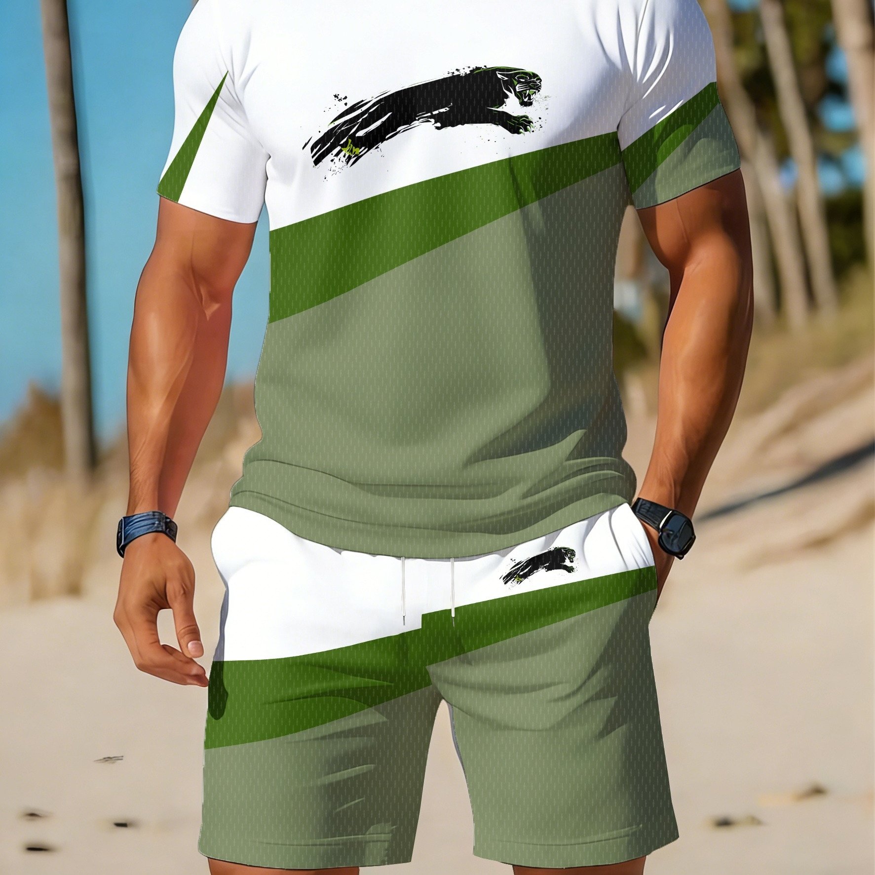 TEMU Casual Sports Set Breathable Outdoor Leisure Men's Round Neck T-shirt And Shorts Summer Men Adult [printeddesign-not Textured]